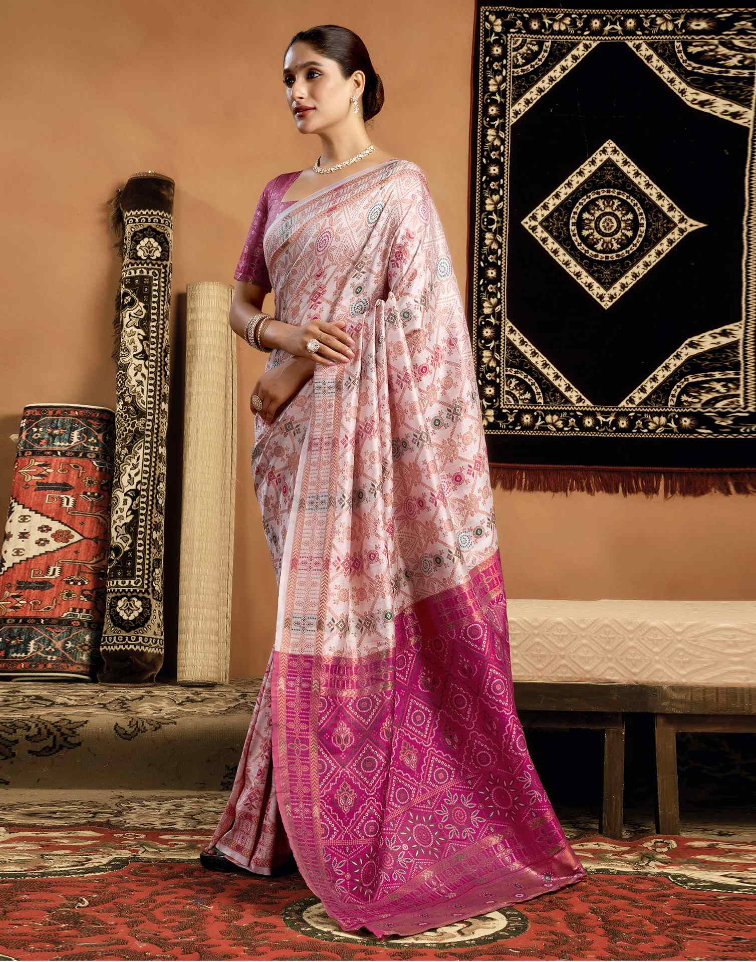 Cream Silk Woven Saree