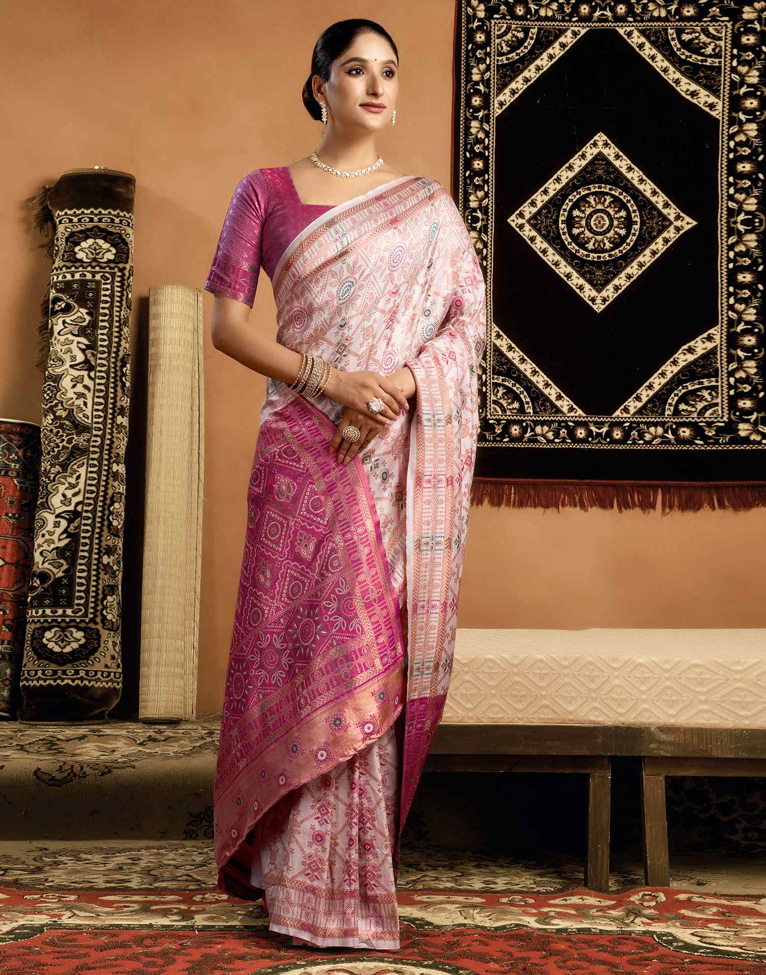 Cream Silk Woven Saree