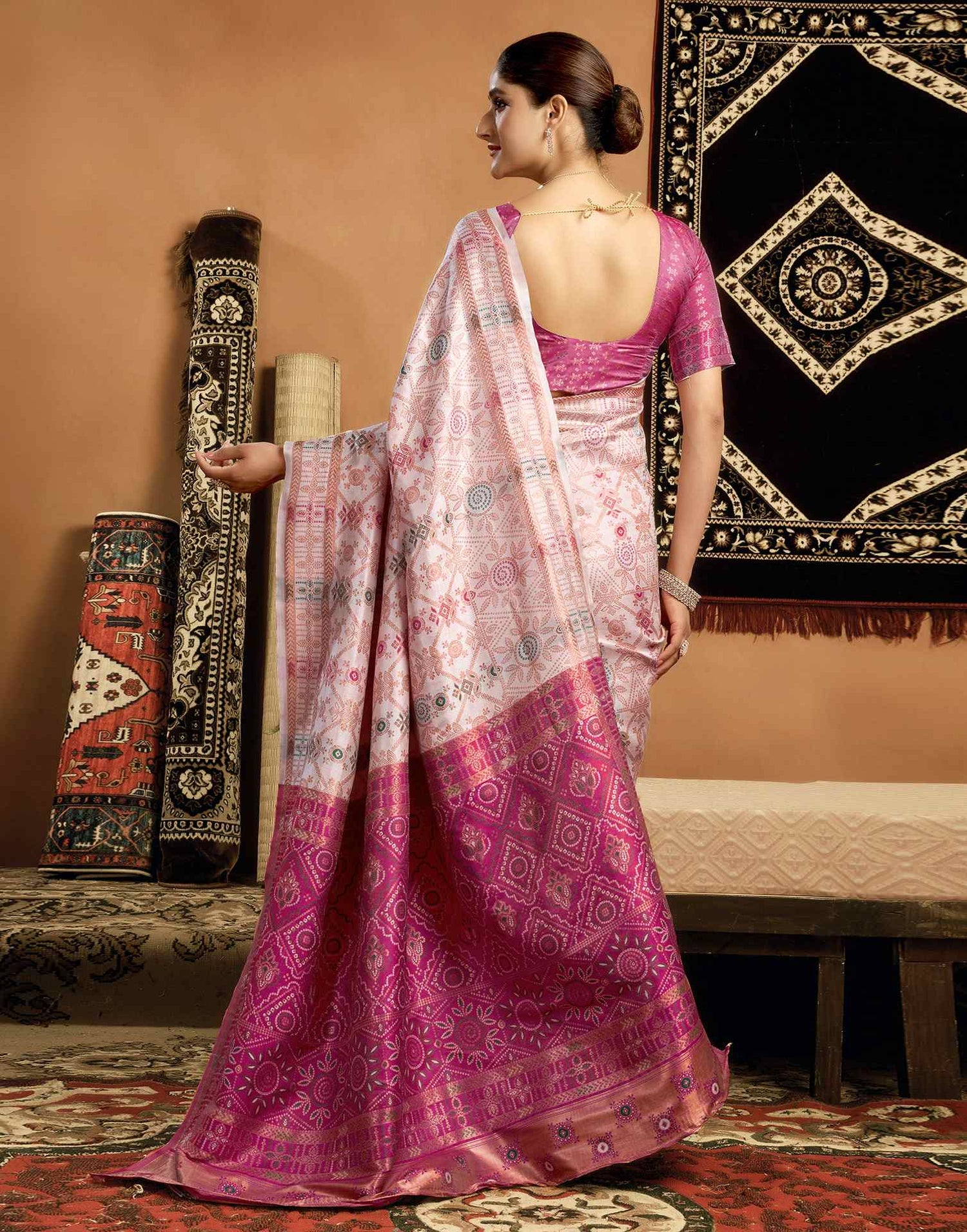 Cream Silk Woven Saree