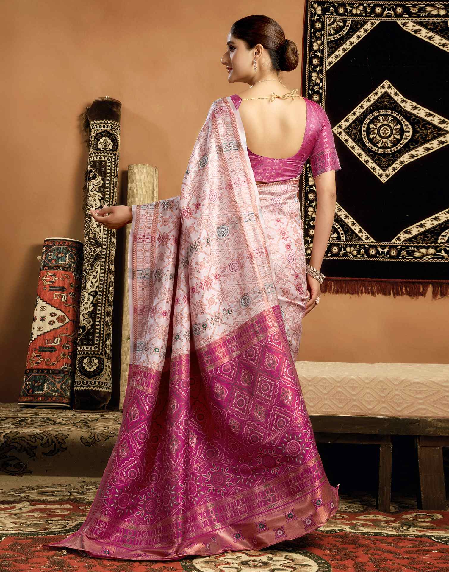Cream Silk Woven Saree