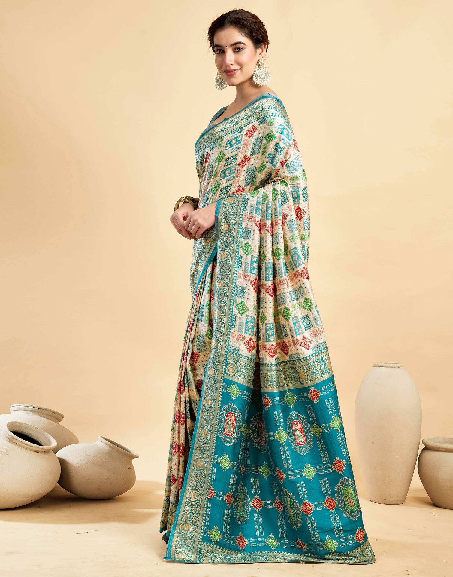 Cream Silk Woven Saree