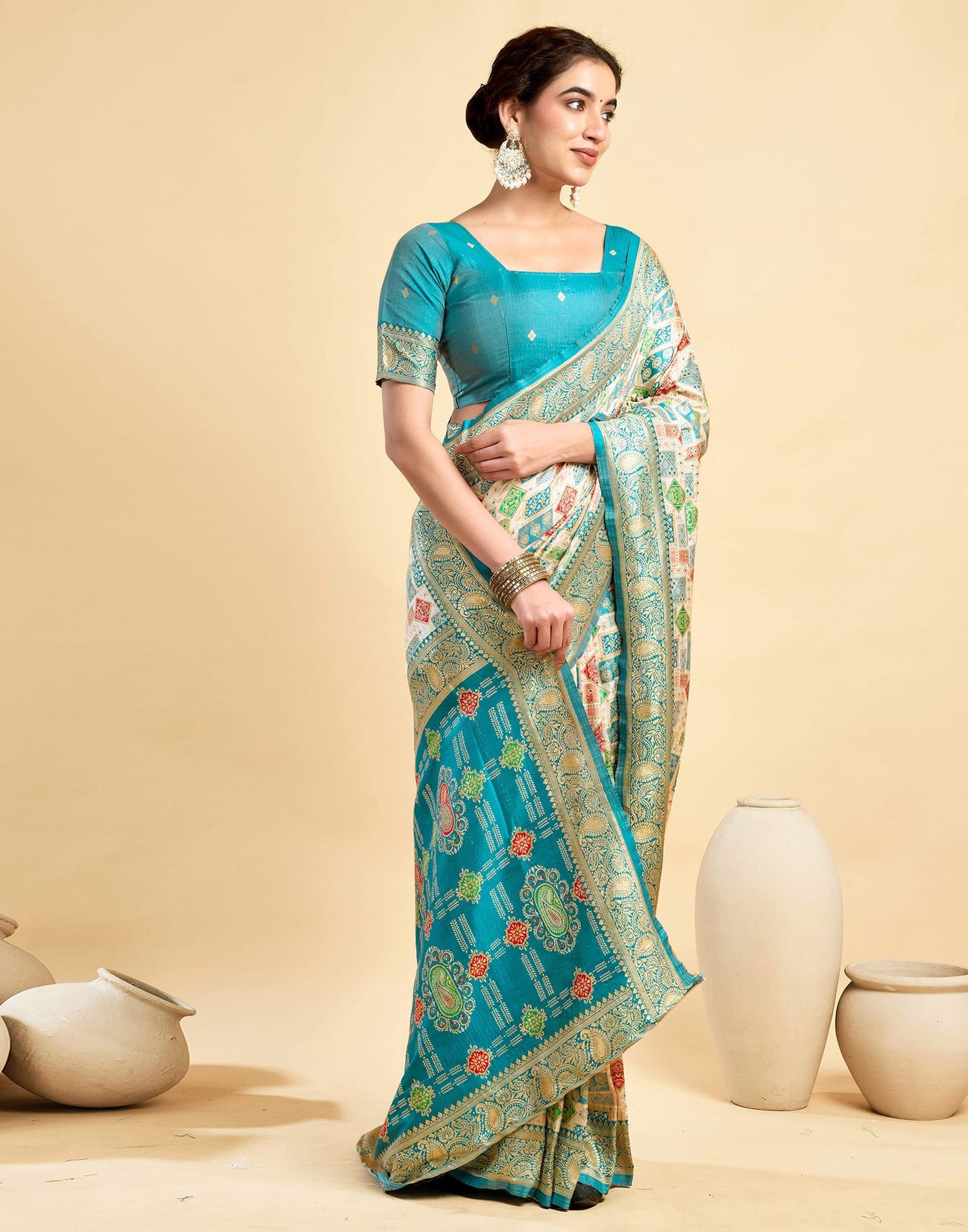 Cream Silk Woven Saree