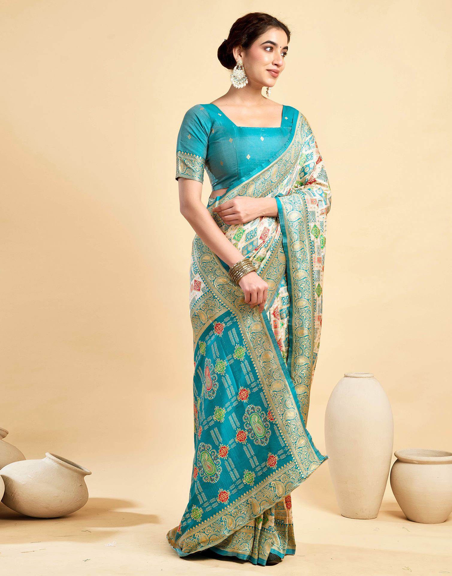 Cream Silk Woven Saree