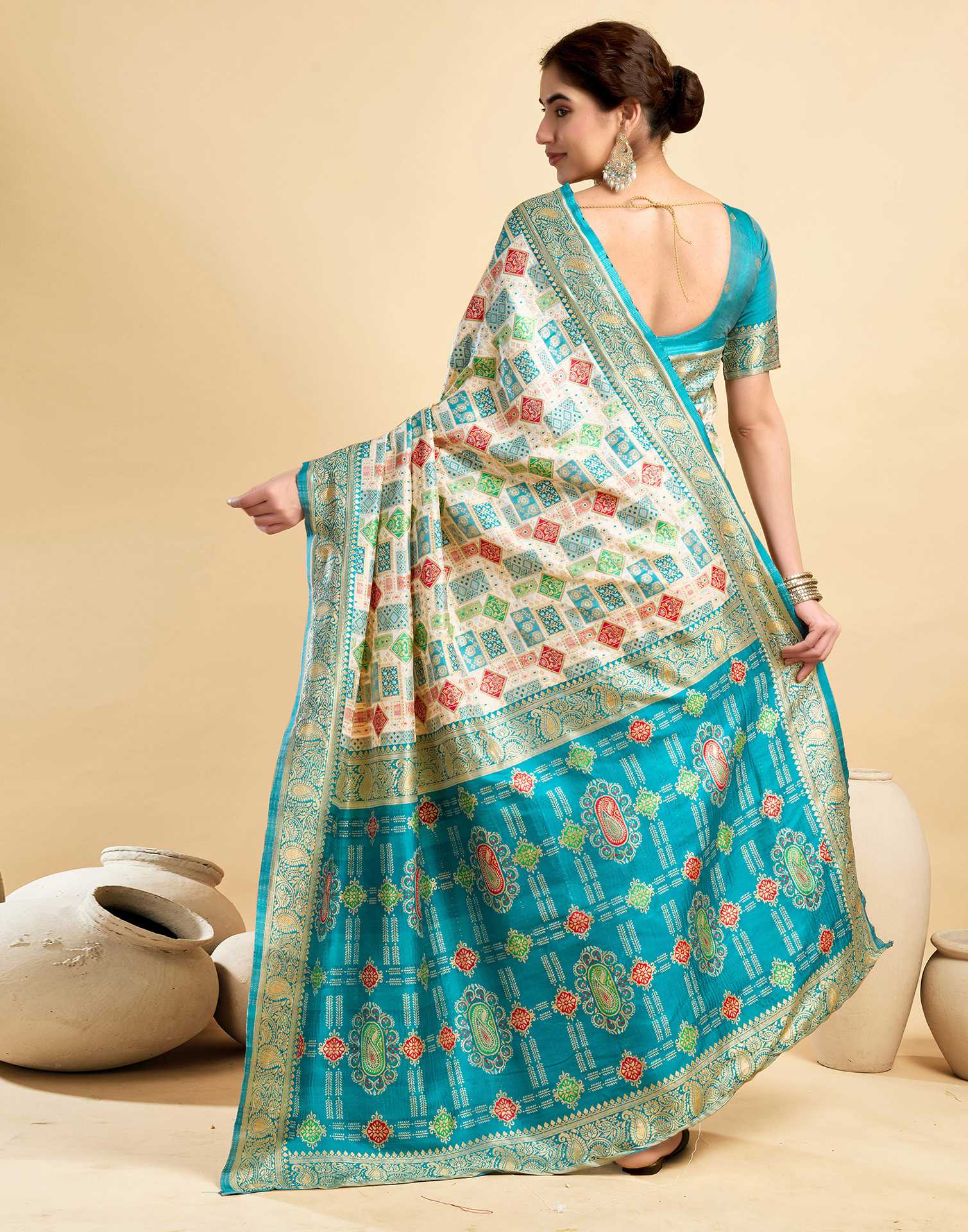 Cream Silk Woven Saree