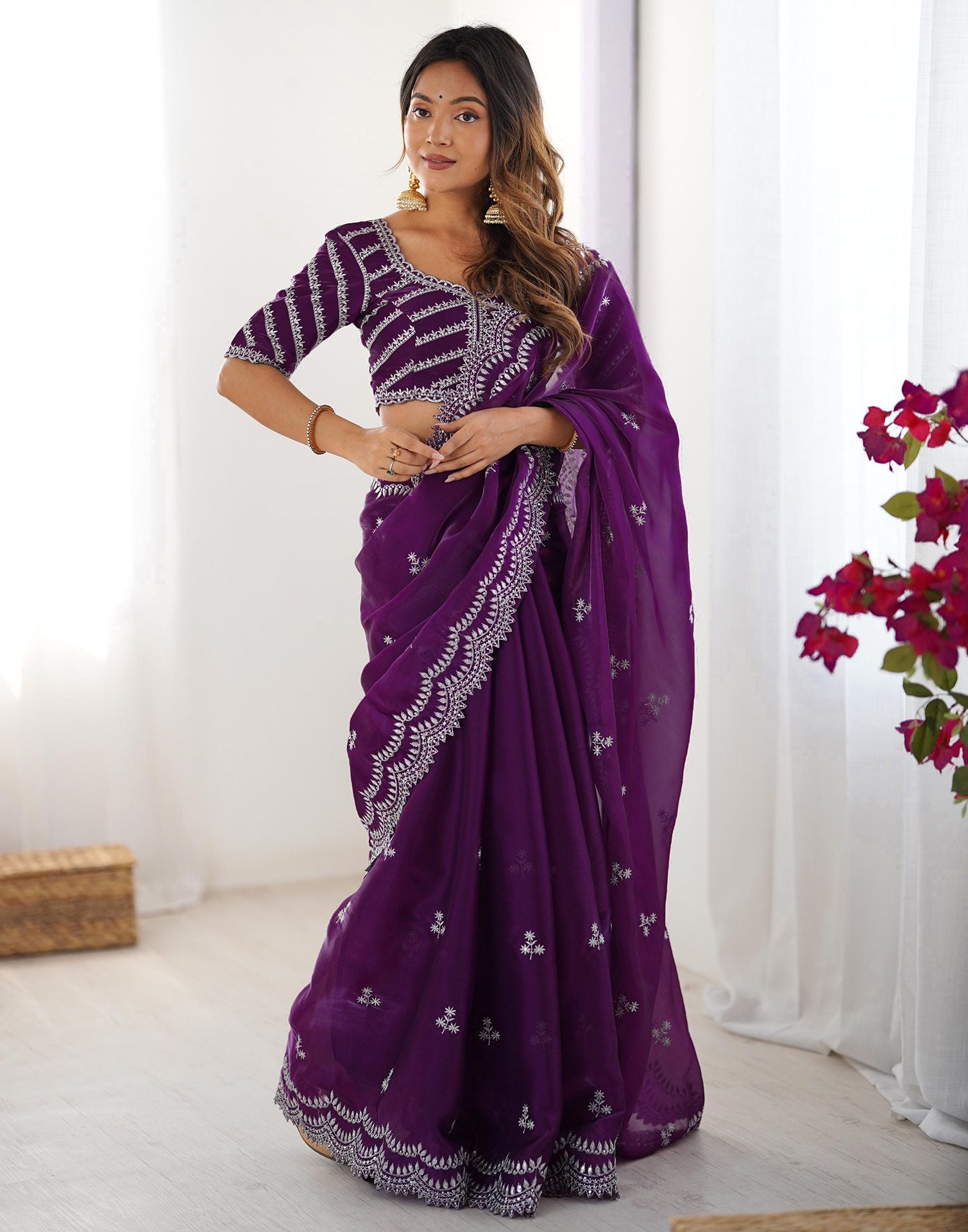 Purple Tissue Silk Sequence Embroidery Saree