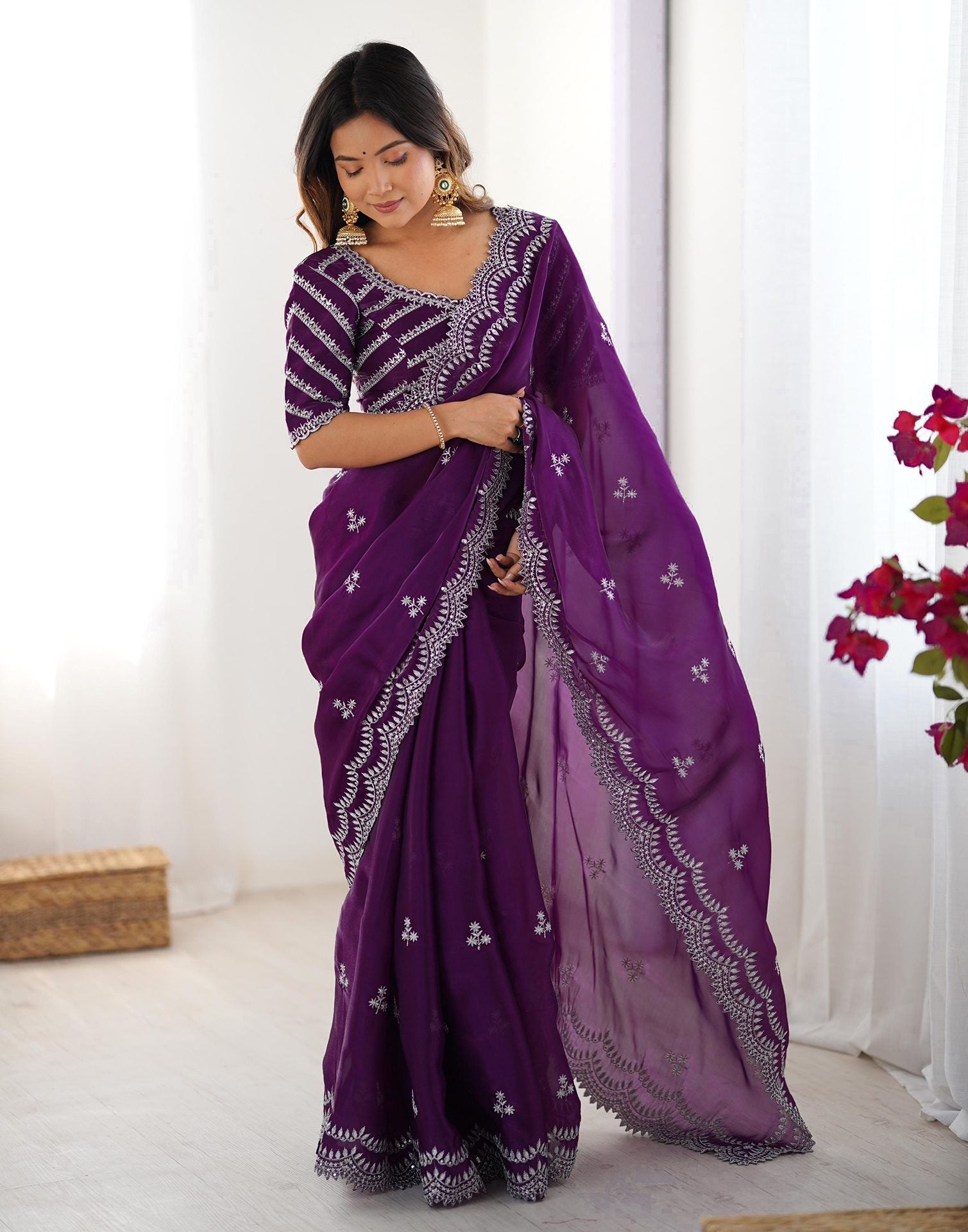 Purple Tissue Silk Sequence Embroidery Saree