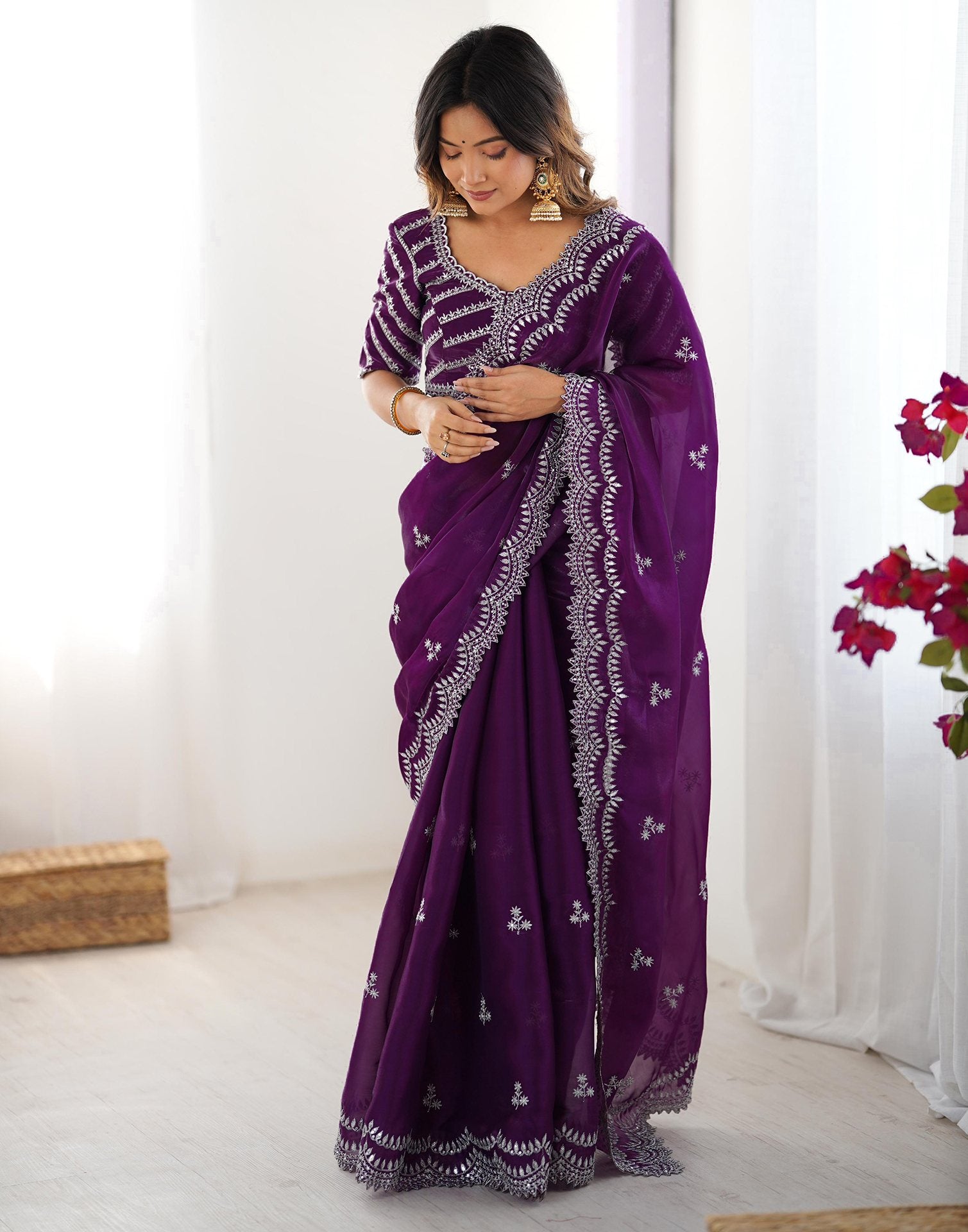 Purple Tissue Silk Sequence Embroidery Saree