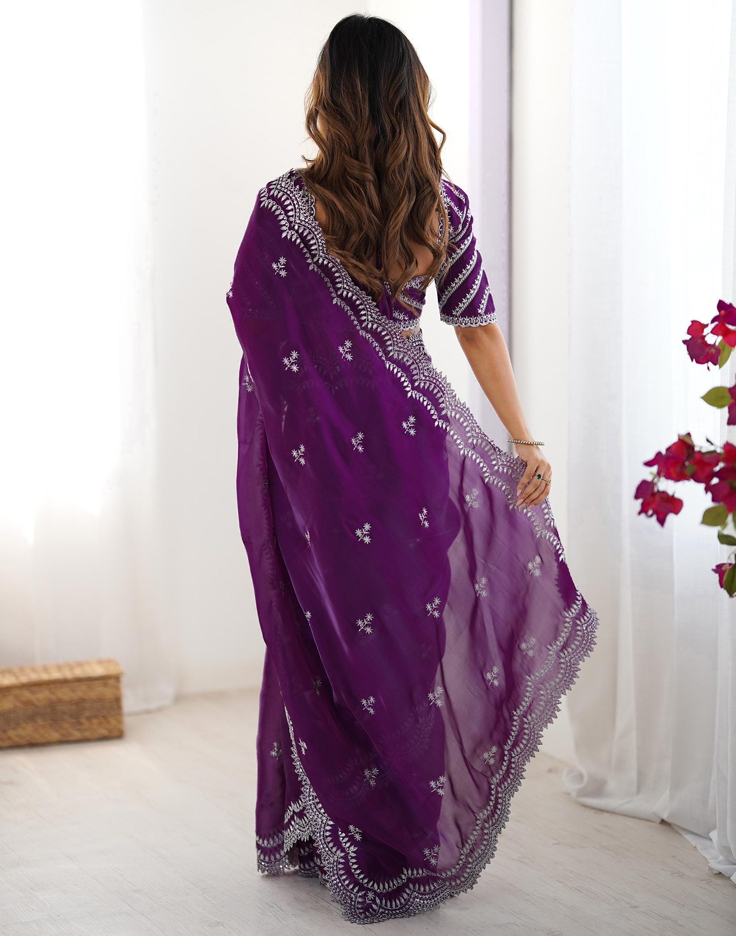 Purple Tissue Silk Sequence Embroidery Saree