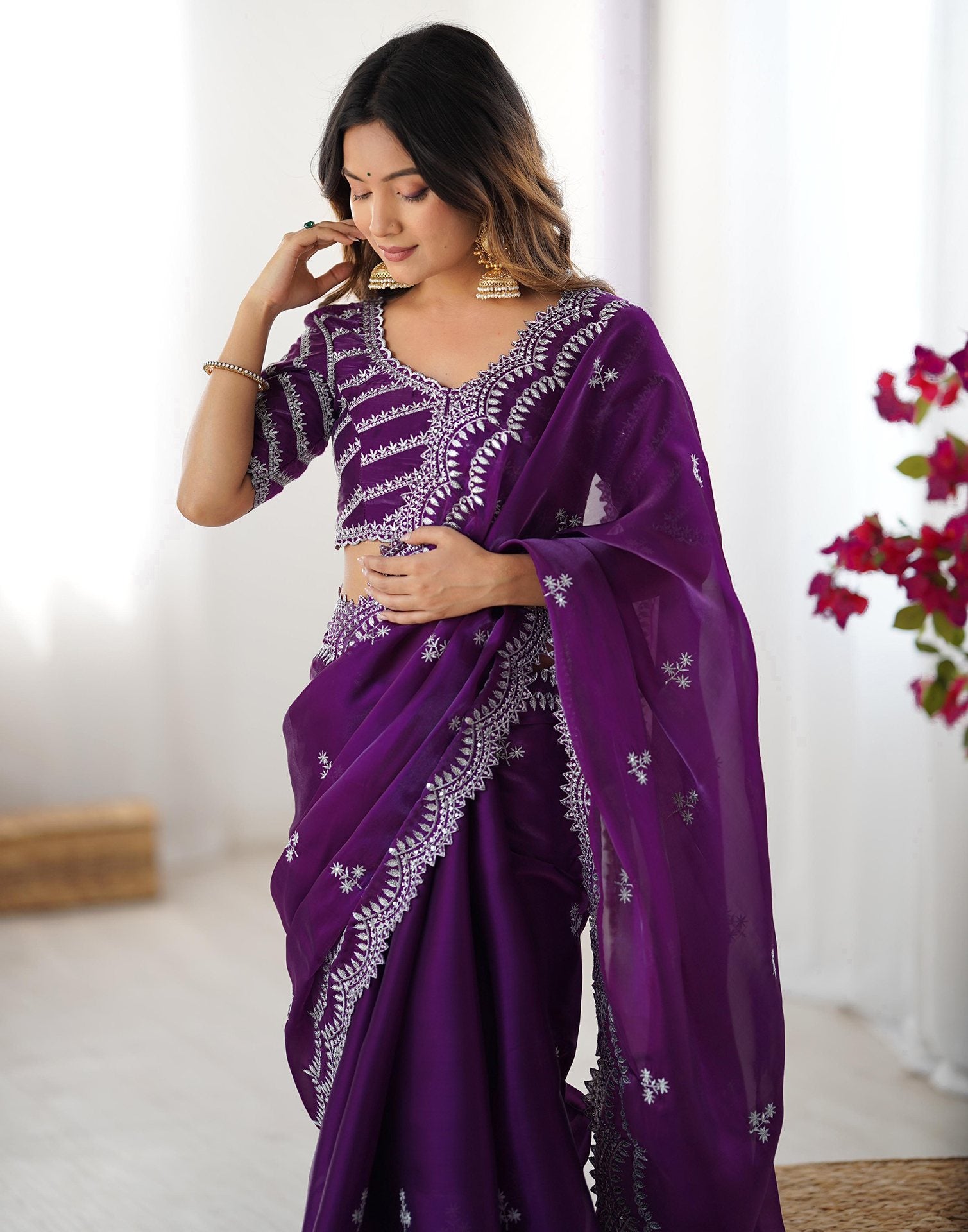 Purple Tissue Silk Sequence Embroidery Saree