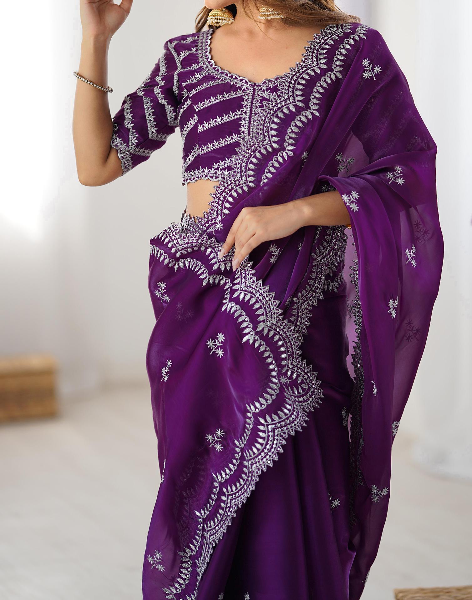 Purple Tissue Silk Sequence Embroidery Saree