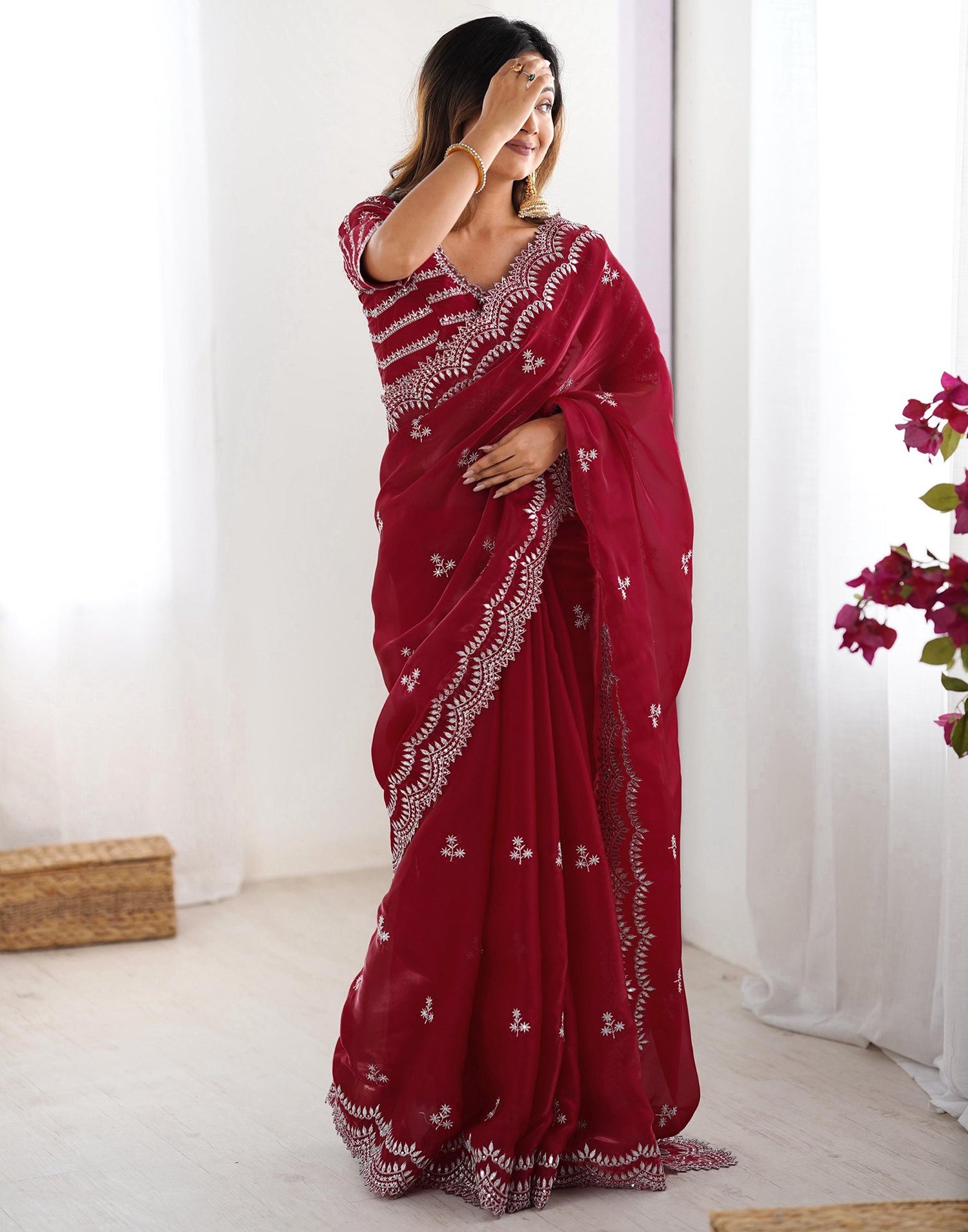 Cherry Red Tissue Silk Sequence Embroidery Saree