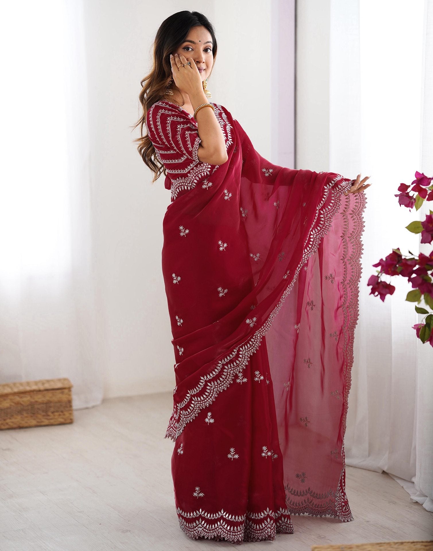 Cherry Red Tissue Silk Sequence Embroidery Saree