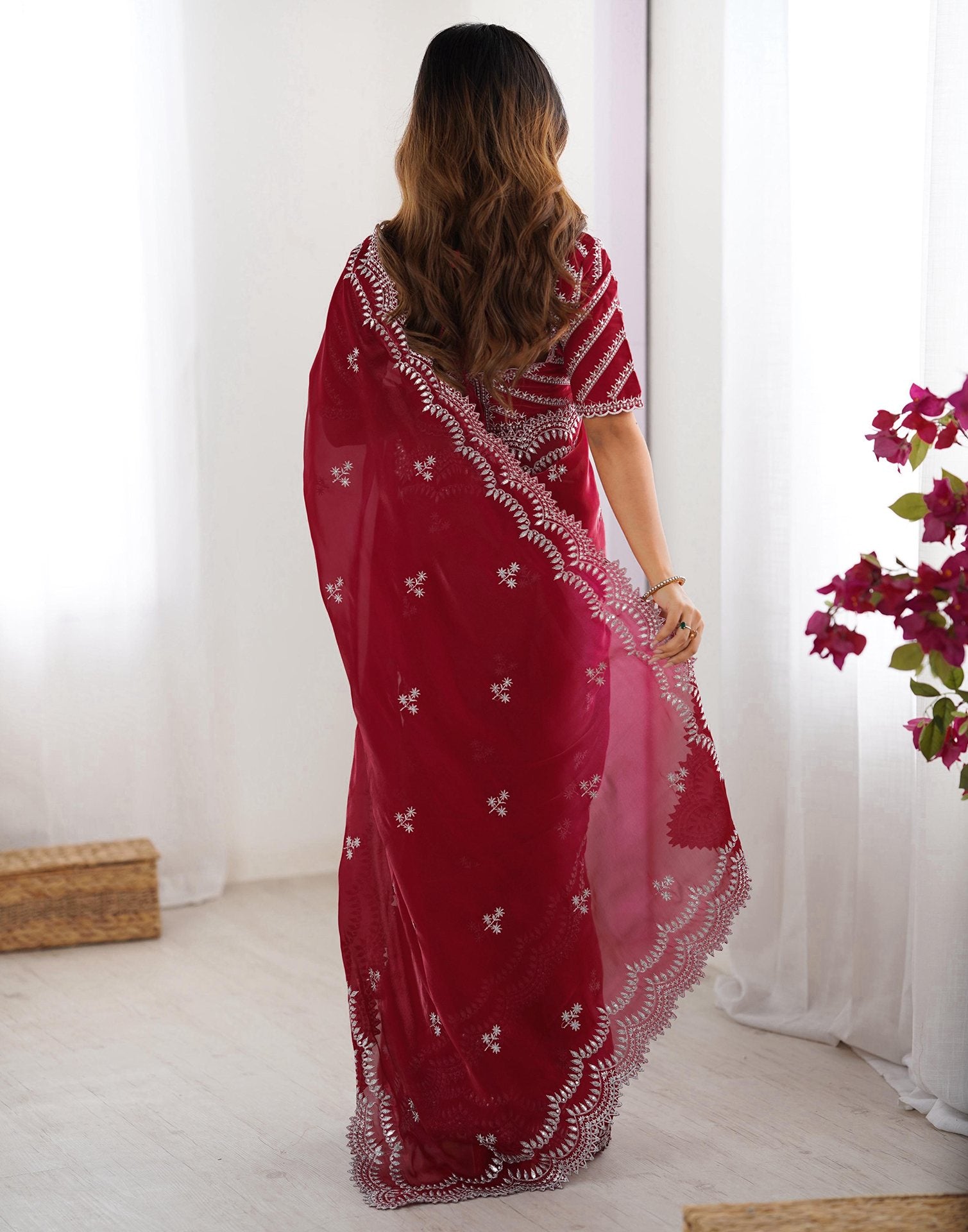 Cherry Red Tissue Silk Sequence Embroidery Saree
