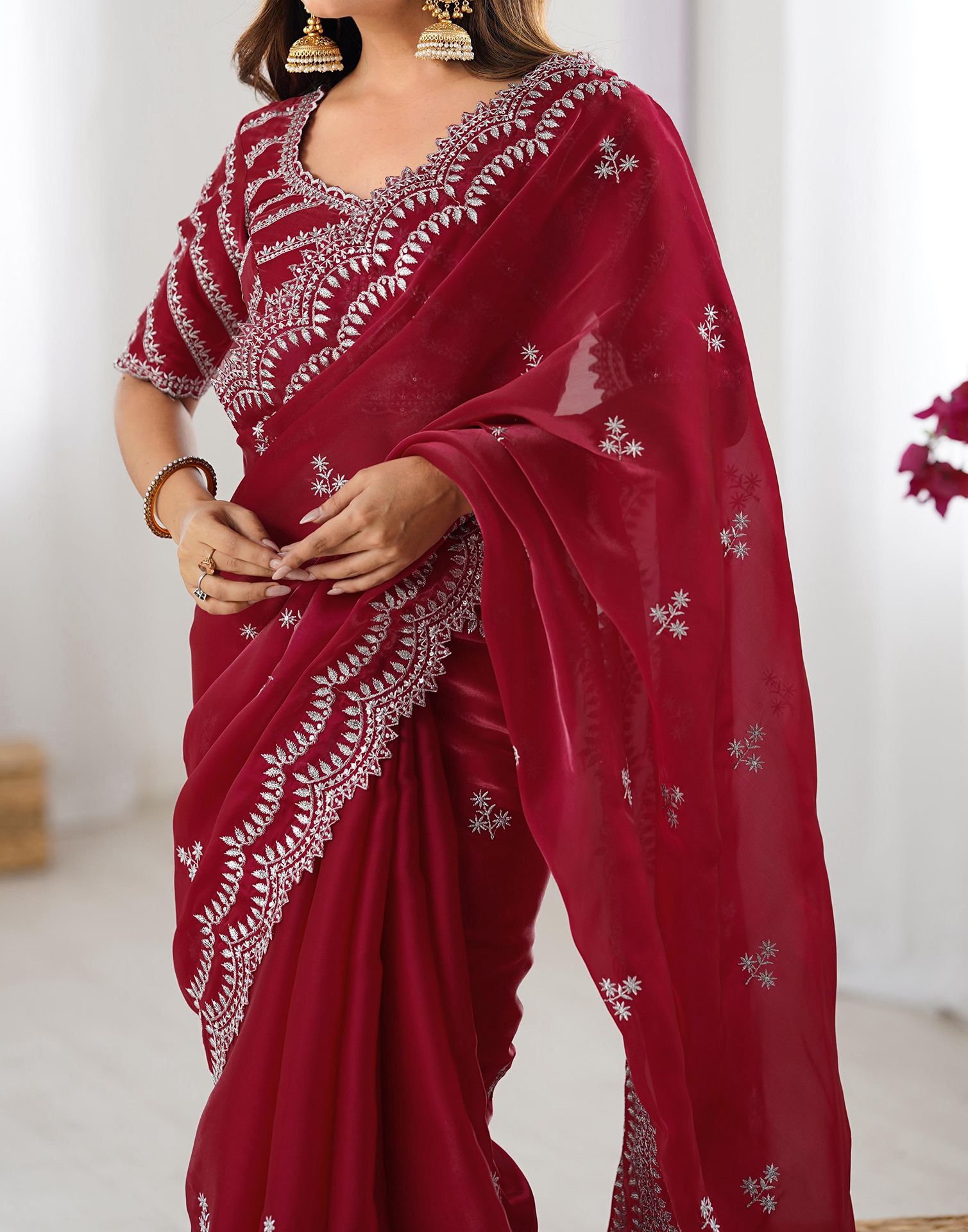 Cherry Red Tissue Silk Sequence Embroidery Saree