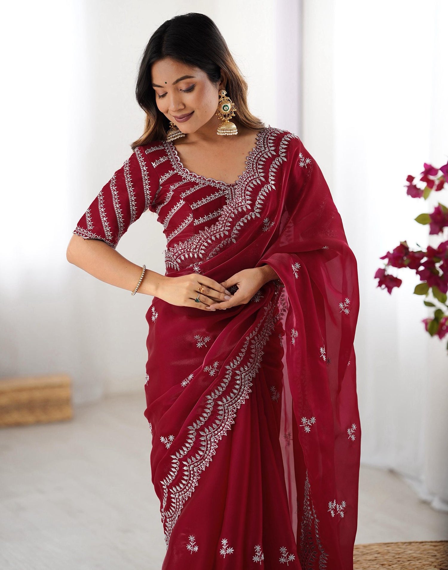 Cherry Red Tissue Silk Sequence Embroidery Saree