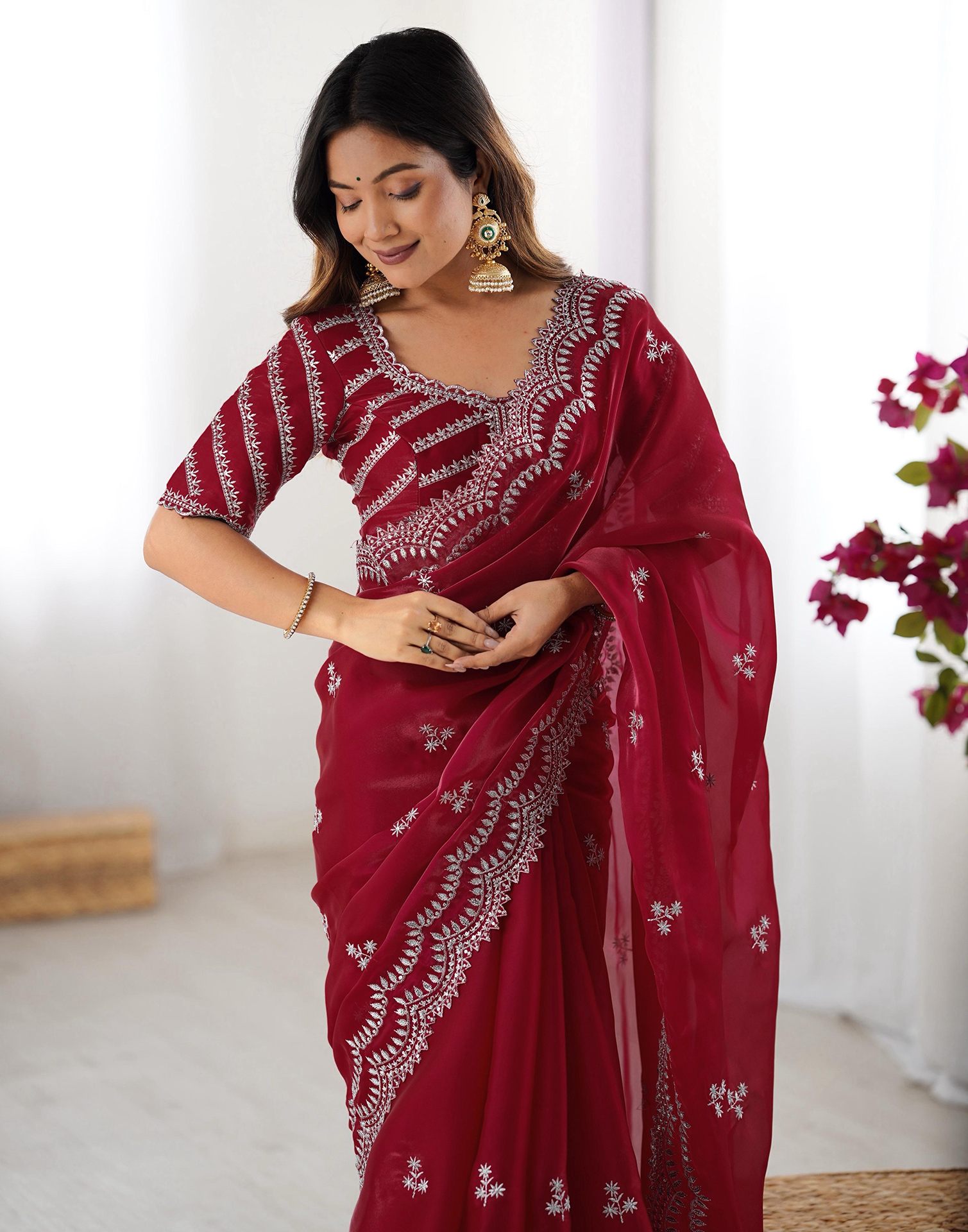 Cherry Red Tissue Silk Sequence Embroidery Saree