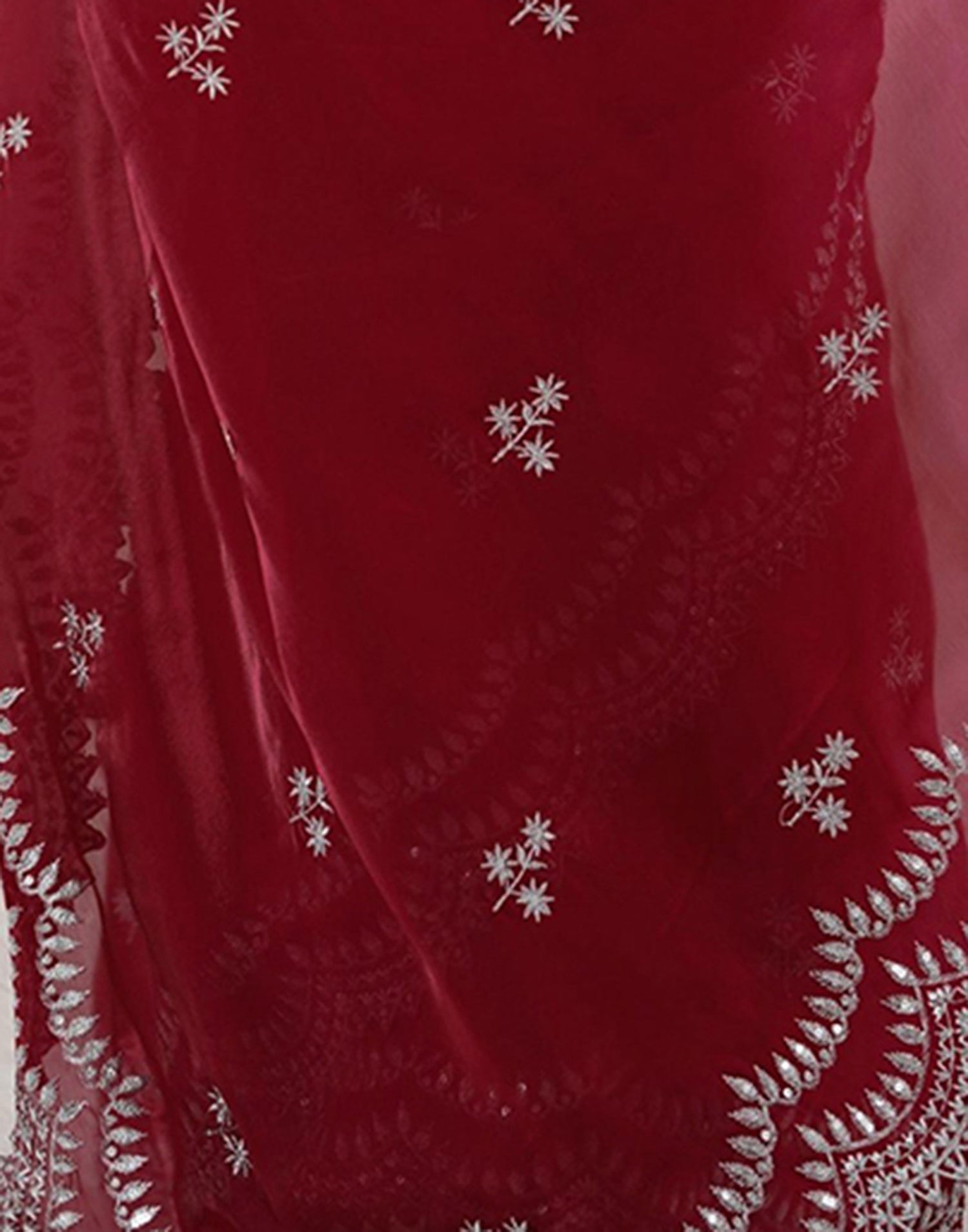 Cherry Red Tissue Silk Sequence Embroidery Saree