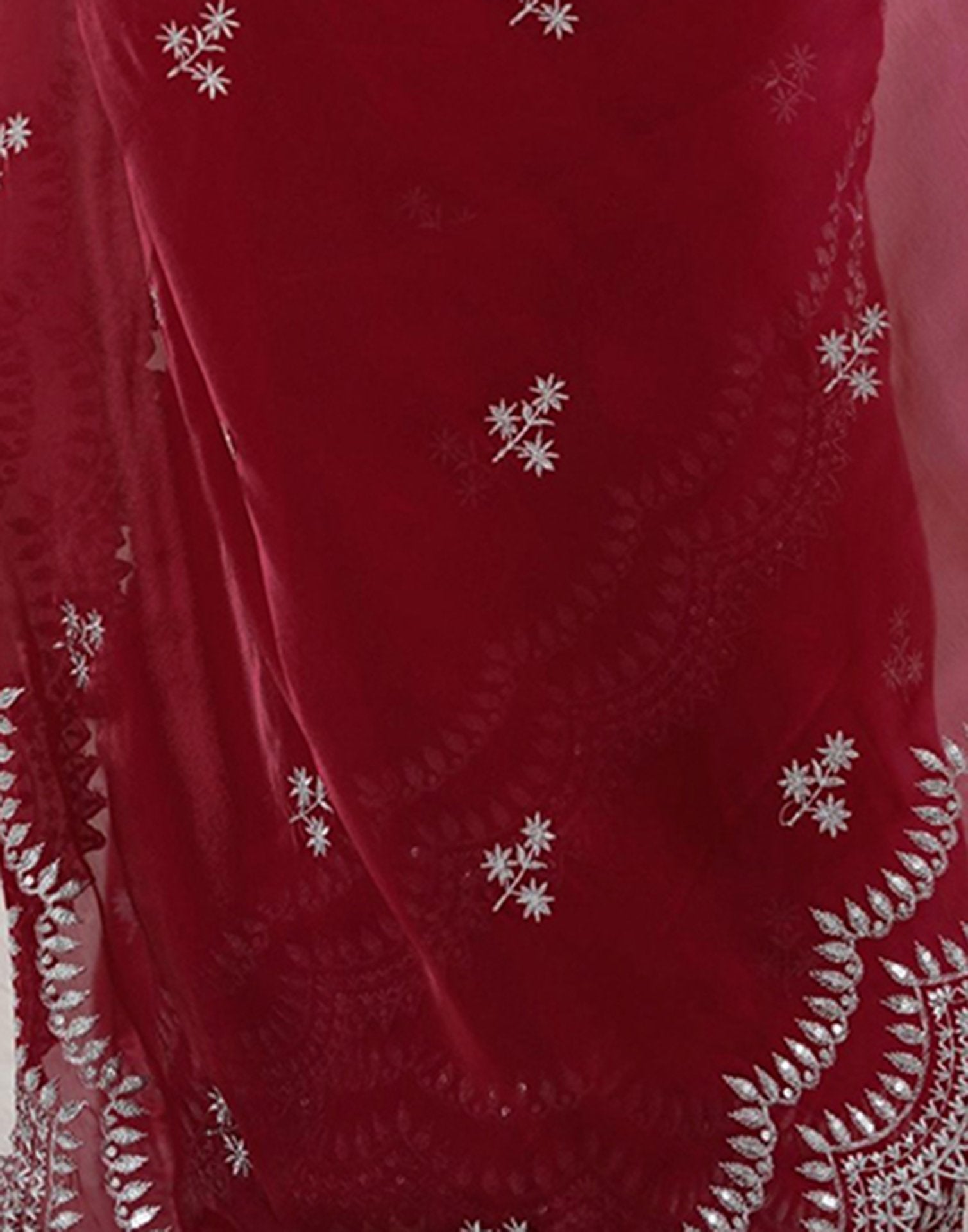 Cherry Red Tissue Silk Sequence Embroidery Saree
