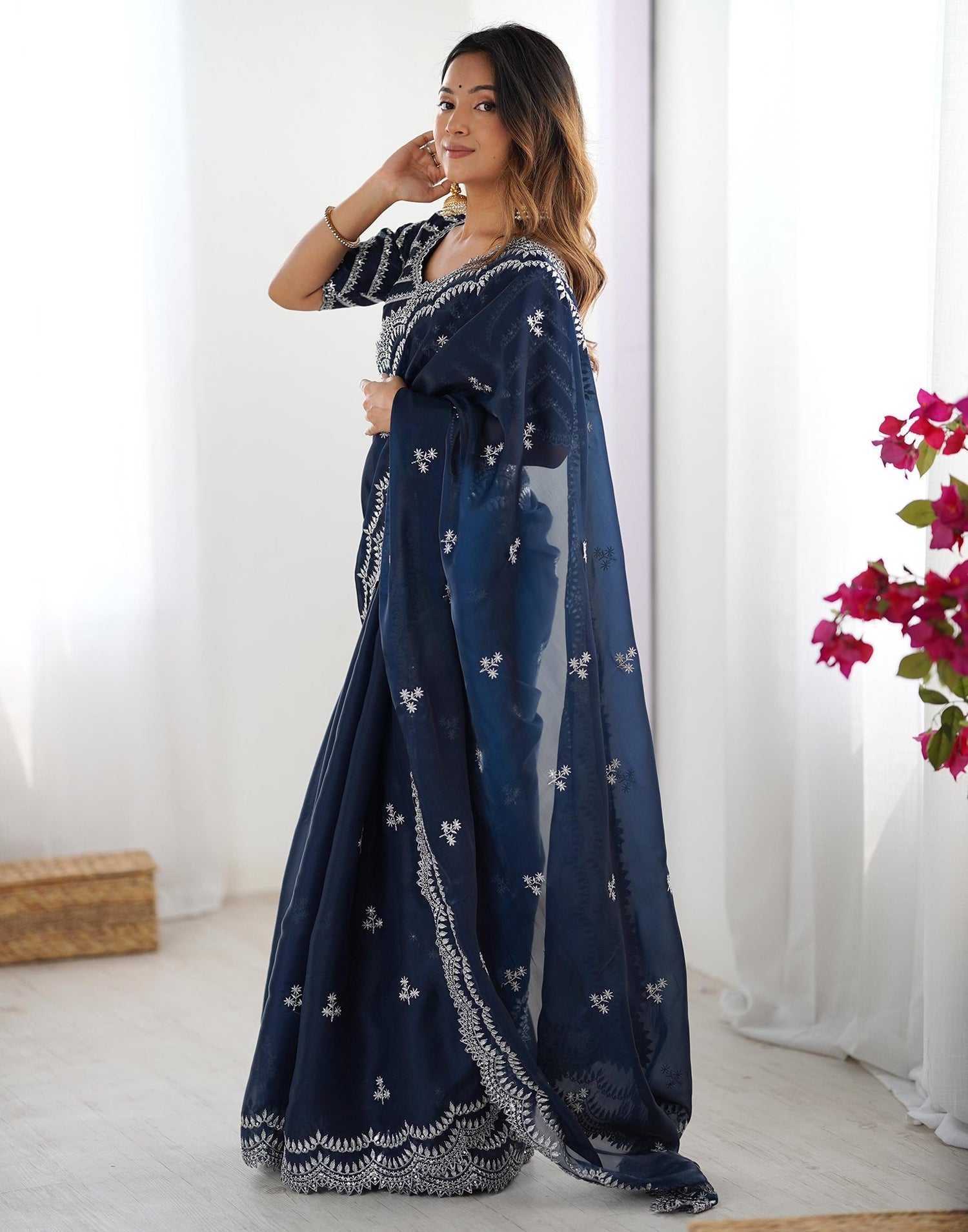 Rama Blue Tissue Silk Sequence Embroidery Saree