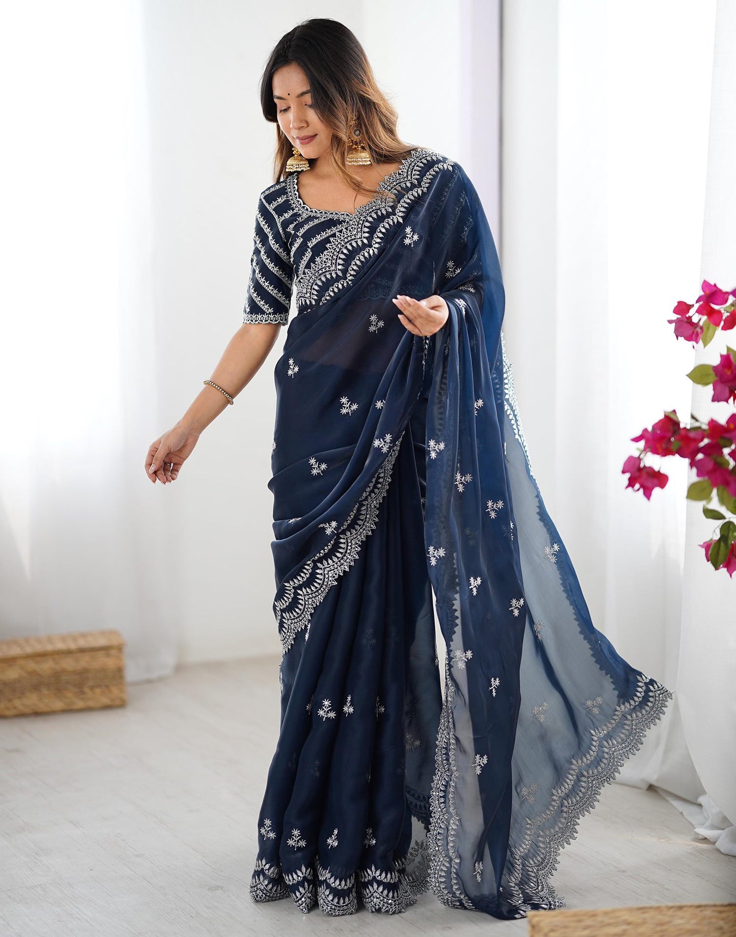 Rama Blue Tissue Silk Sequence Embroidery Saree