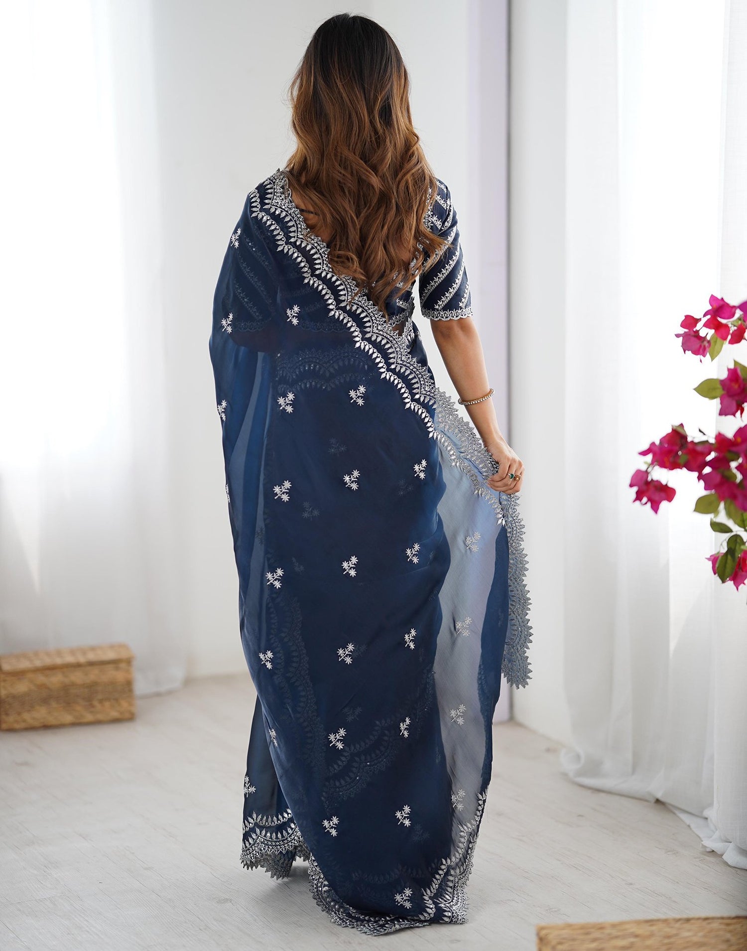 Rama Blue Tissue Silk Sequence Embroidery Saree