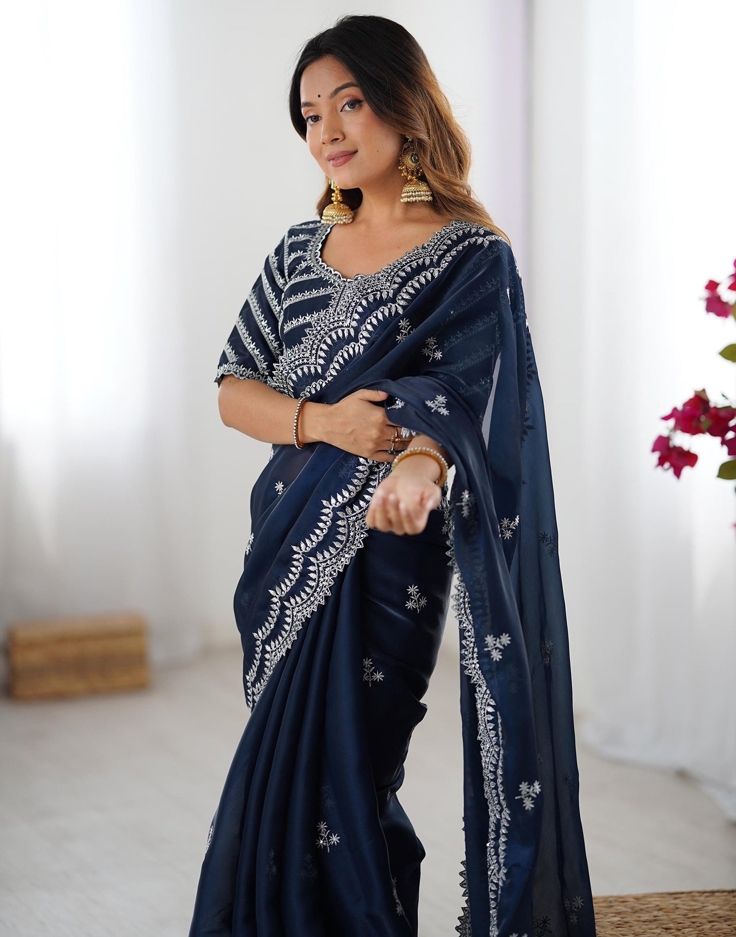 Rama Blue Tissue Silk Sequence Embroidery Saree