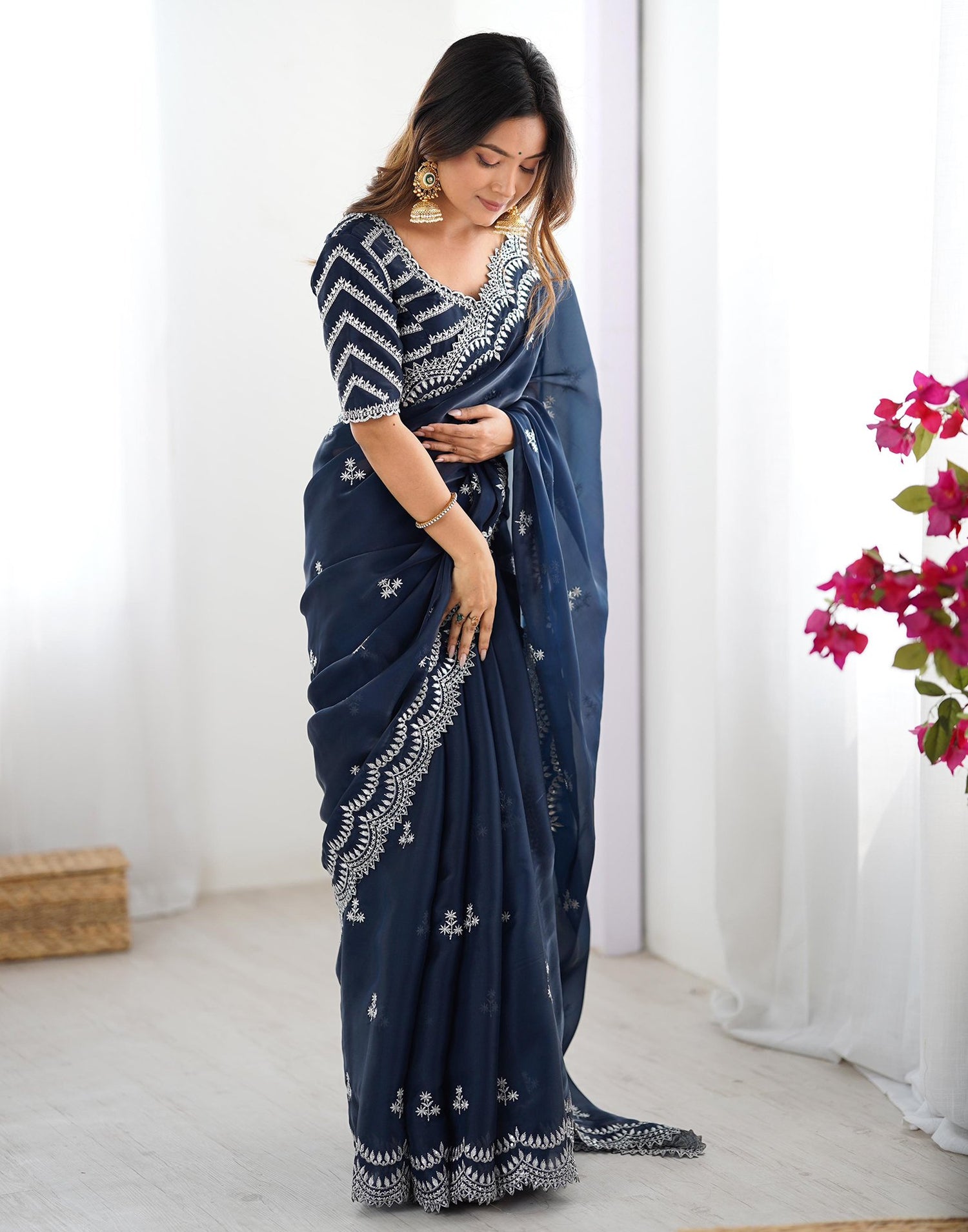 Rama Blue Tissue Silk Sequence Embroidery Saree