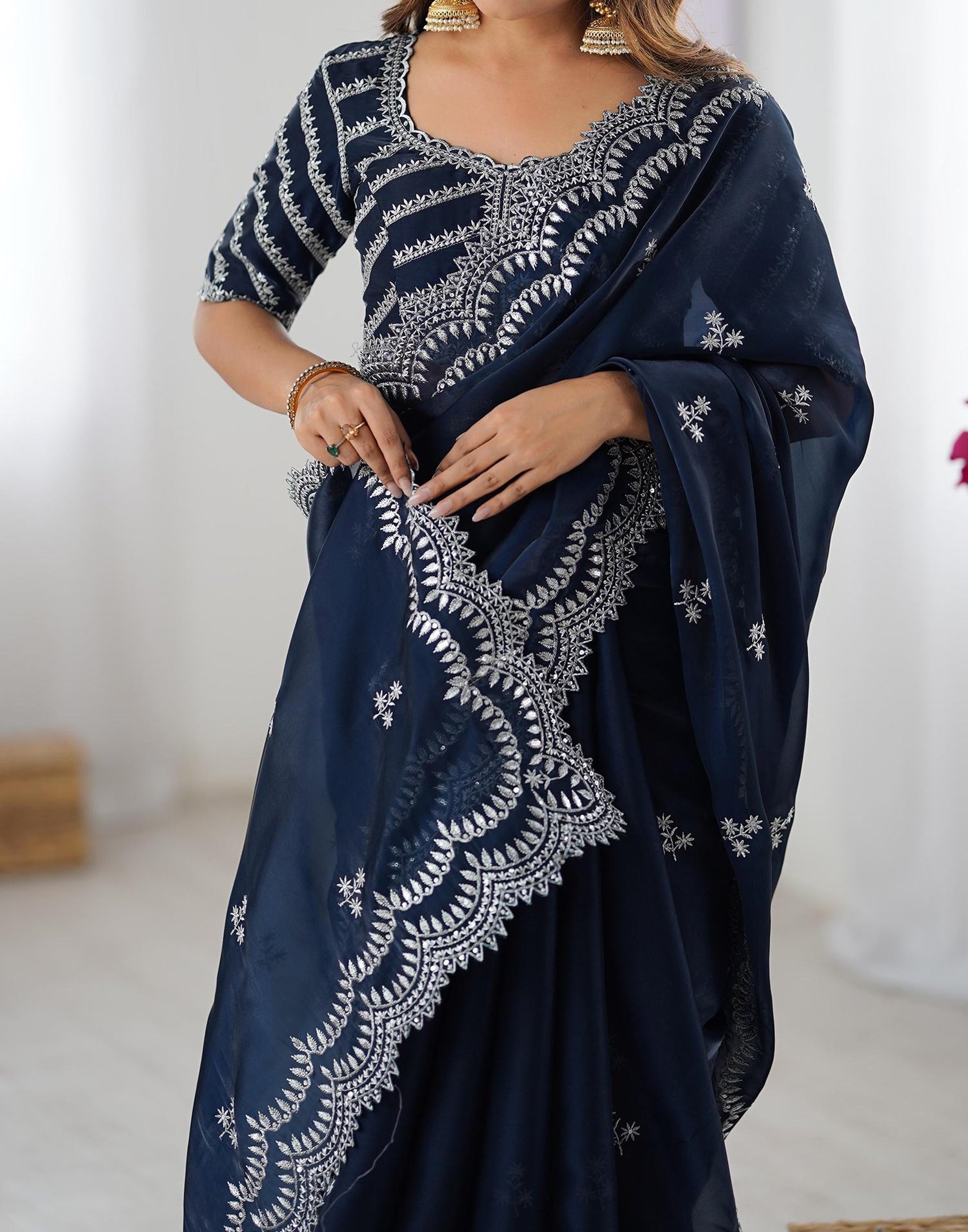 Rama Blue Tissue Silk Sequence Embroidery Saree