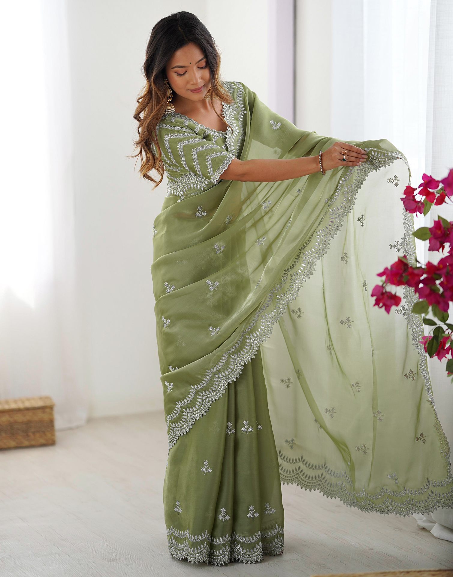 Pista Green Silk Sequence Embroidery Saree