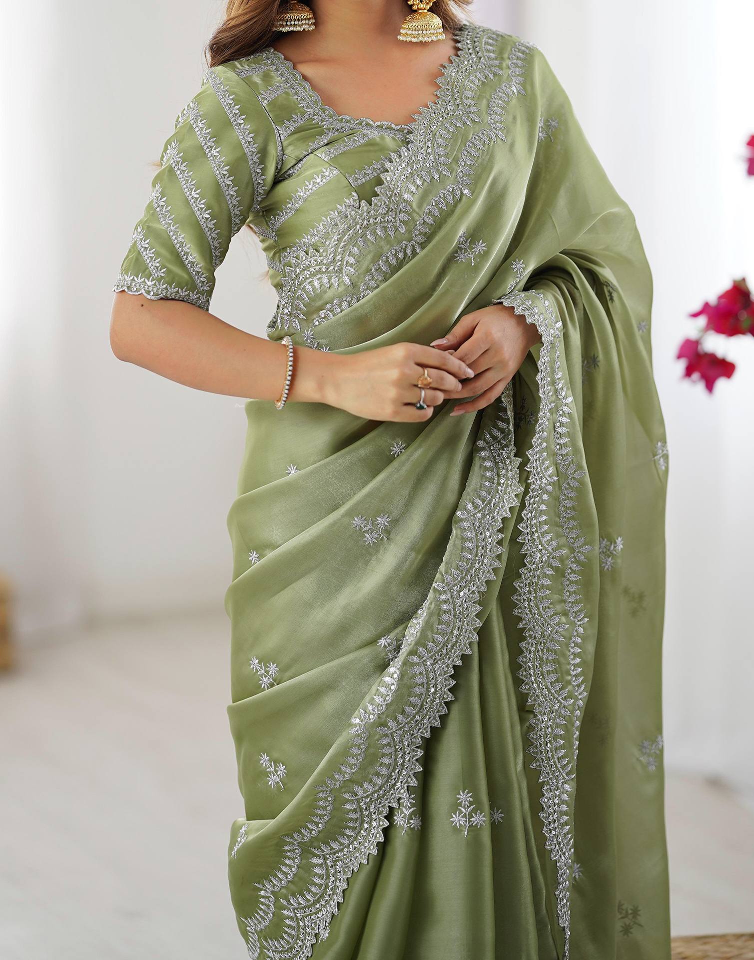Pista Green Silk Sequence Embroidery Saree