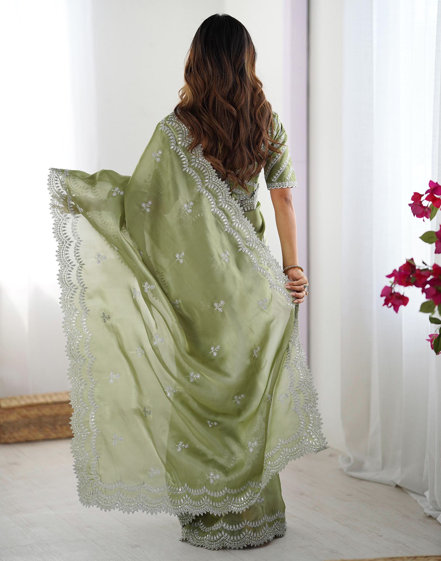 Pista Green Silk Sequence Embroidery Saree