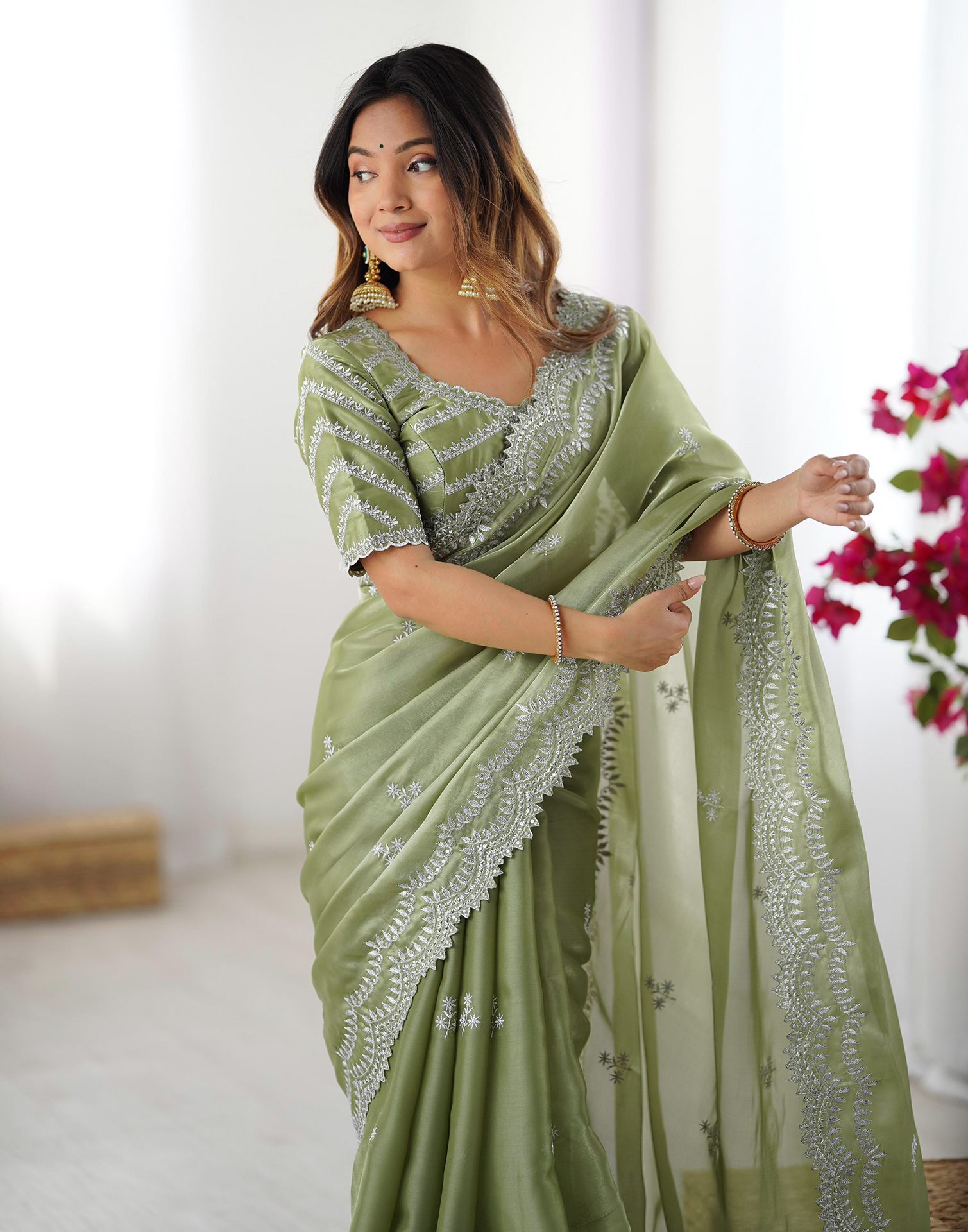 Pista Green Silk Sequence Embroidery Saree
