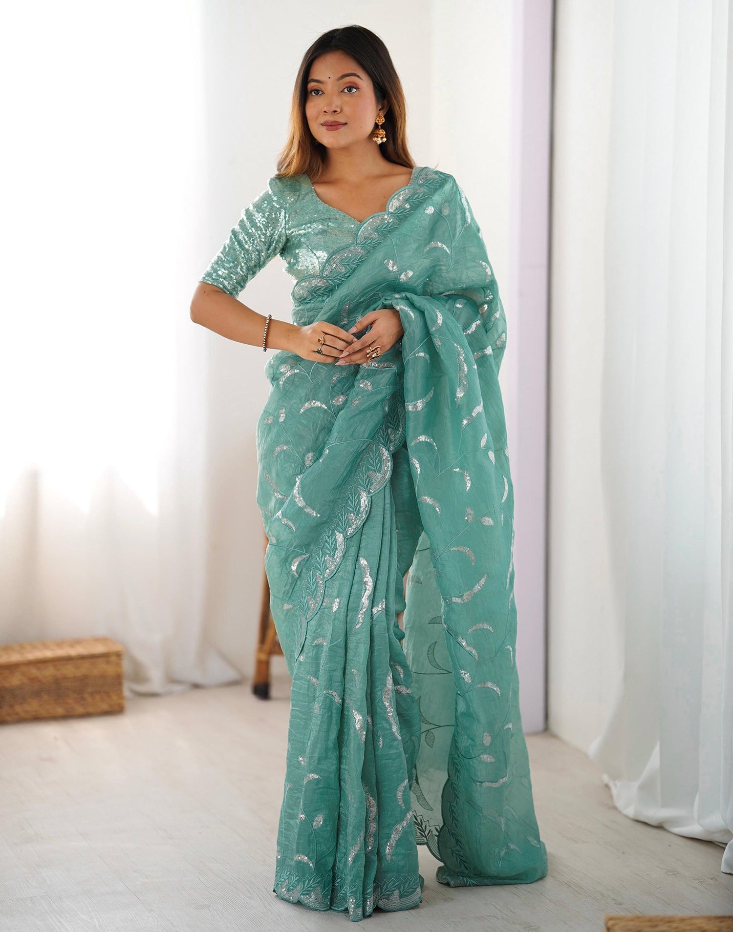 Dusty Teal Green Tissue Silk Sequence Embroidery Saree