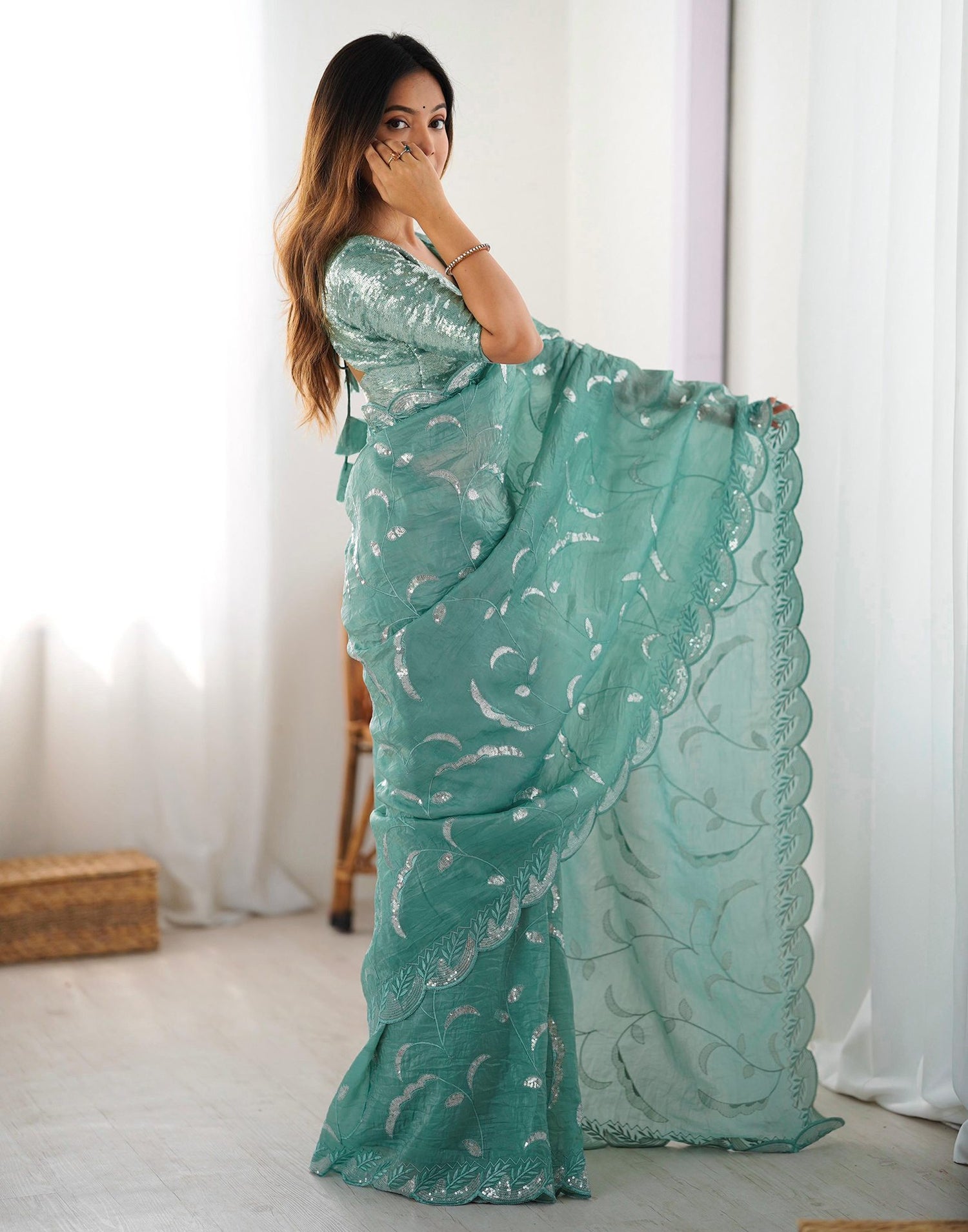 Dusty Teal Green Tissue Silk Sequence Embroidery Saree