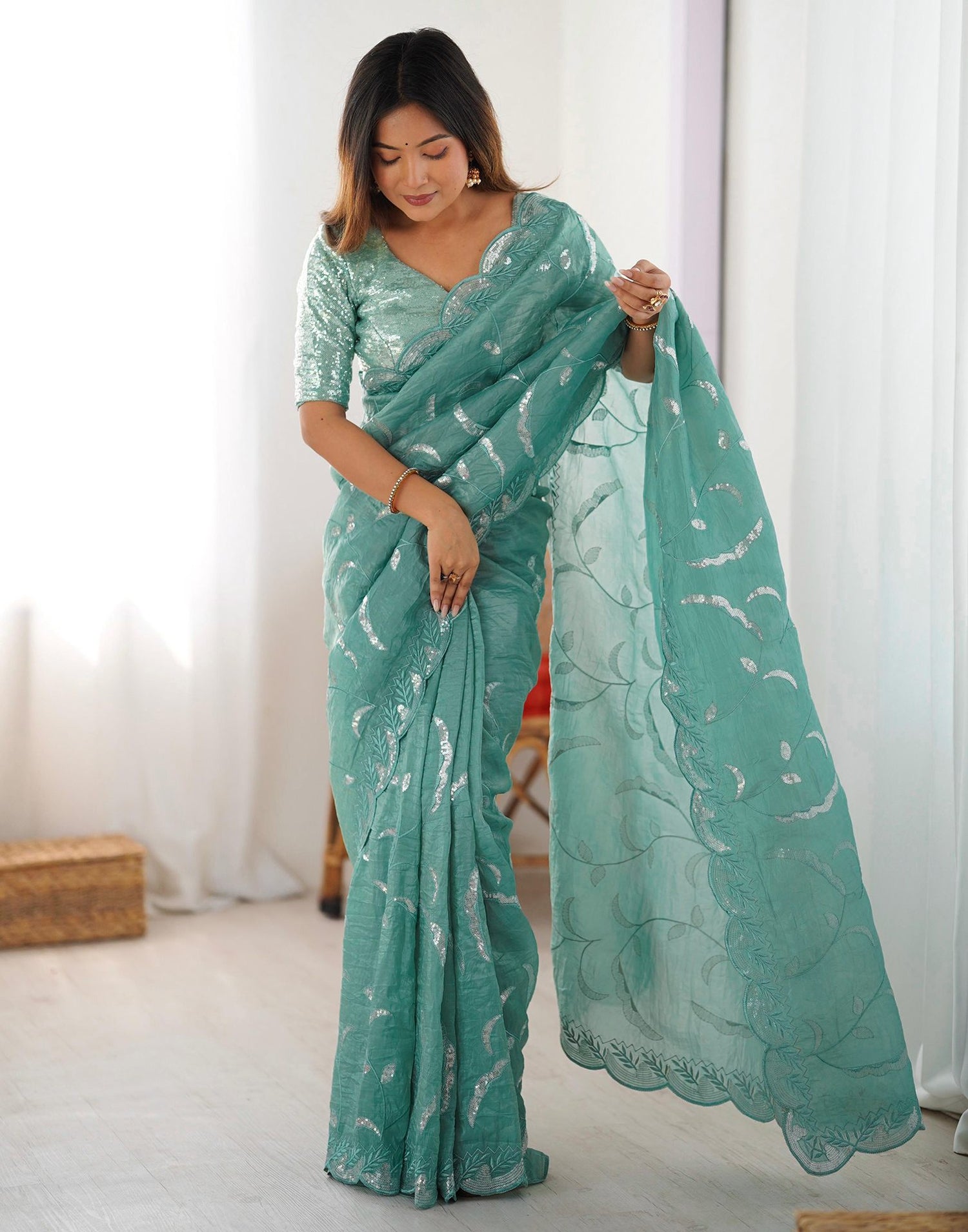 Dusty Teal Green Tissue Silk Sequence Embroidery Saree