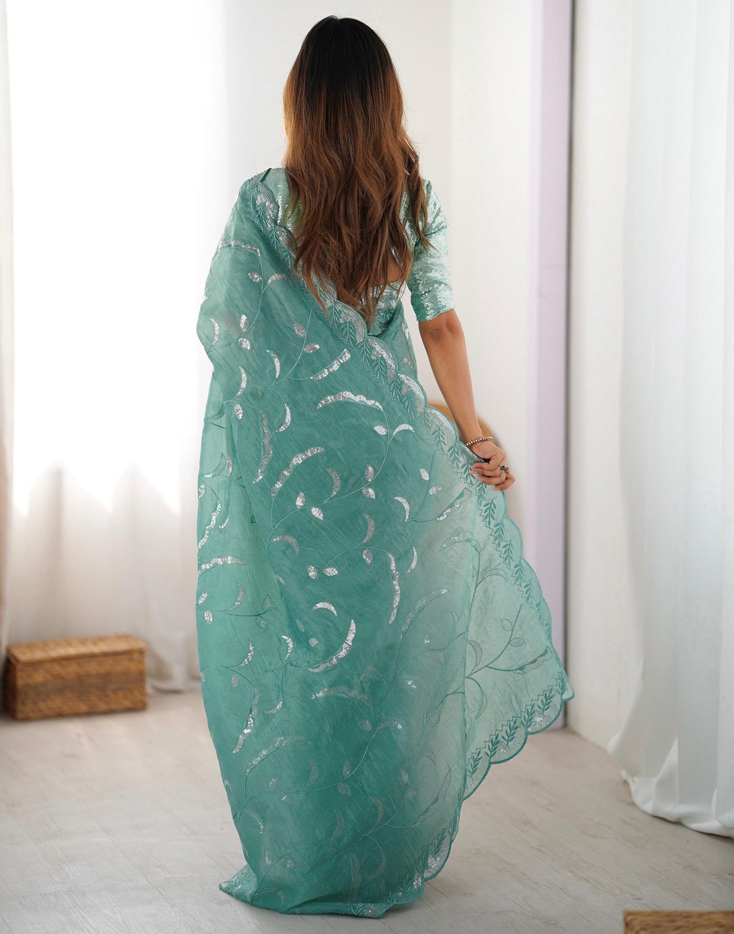 Dusty Teal Green Tissue Silk Sequence Embroidery Saree