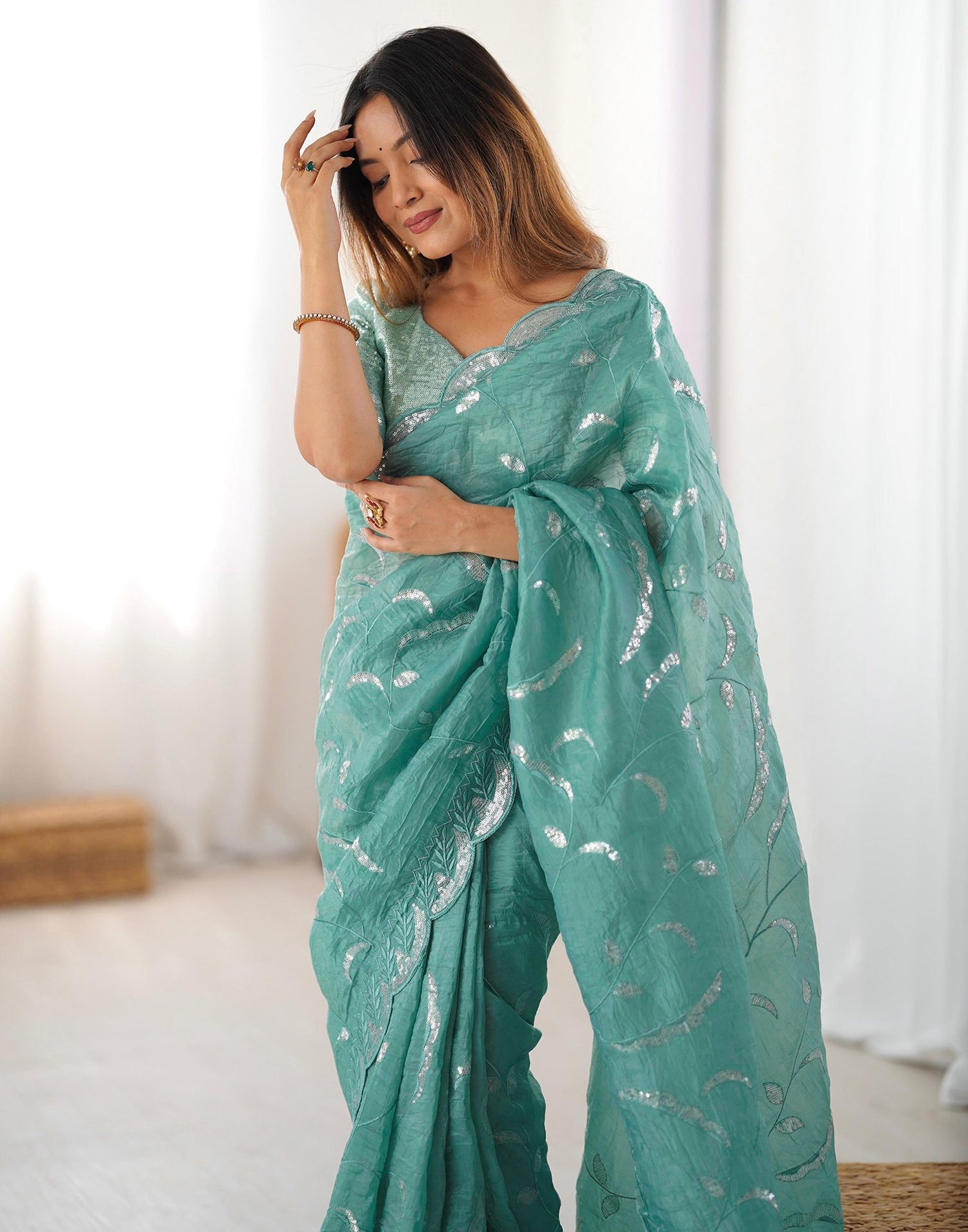 Dusty Teal Green Tissue Silk Sequence Embroidery Saree