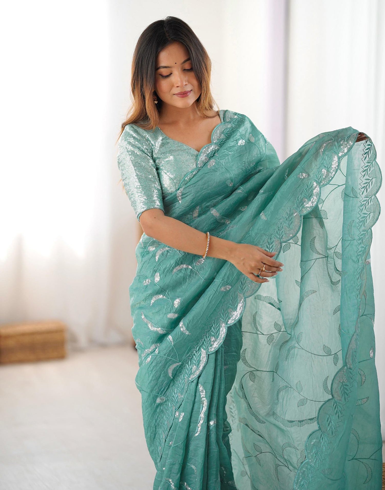 Dusty Teal Green Tissue Silk Sequence Embroidery Saree