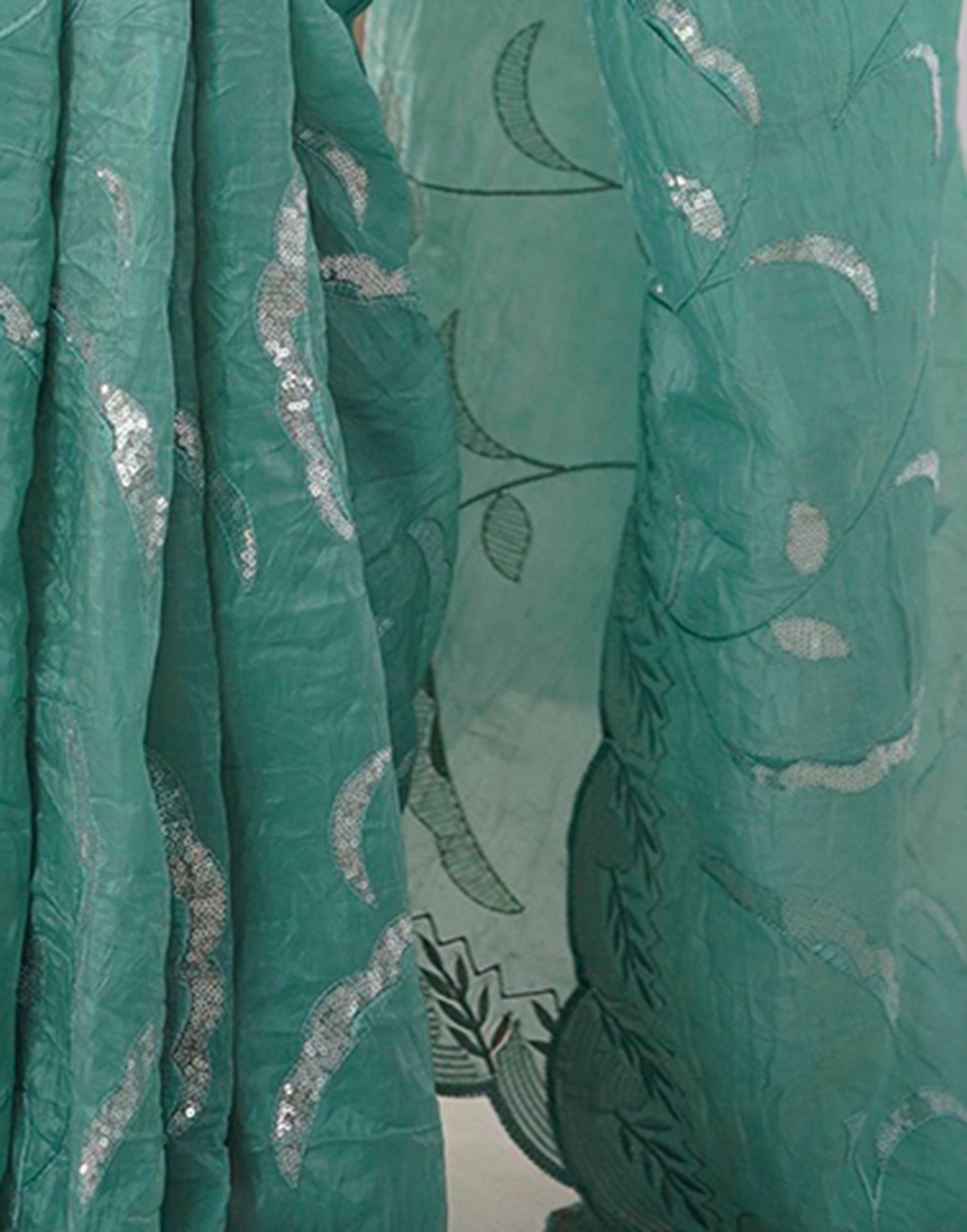 Dusty Teal Green Tissue Silk Sequence Embroidery Saree