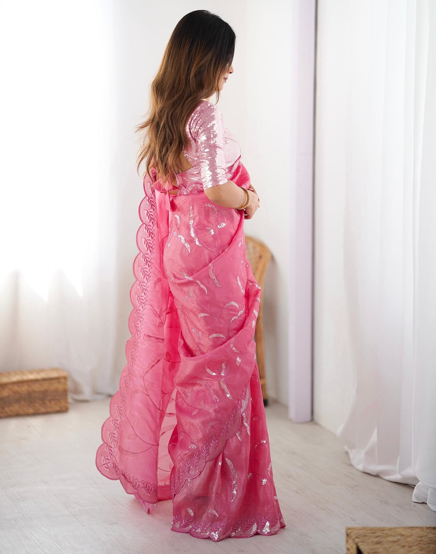 Pink Tissue Silk Sequence Embroidery Saree