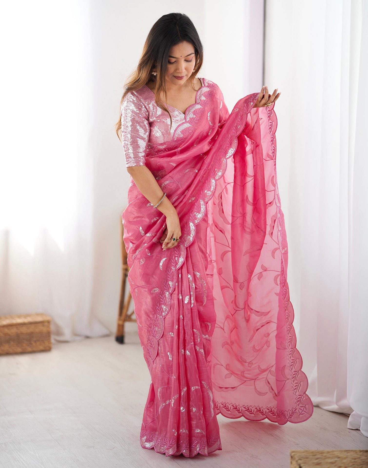 Pink Tissue Silk Sequence Embroidery Saree