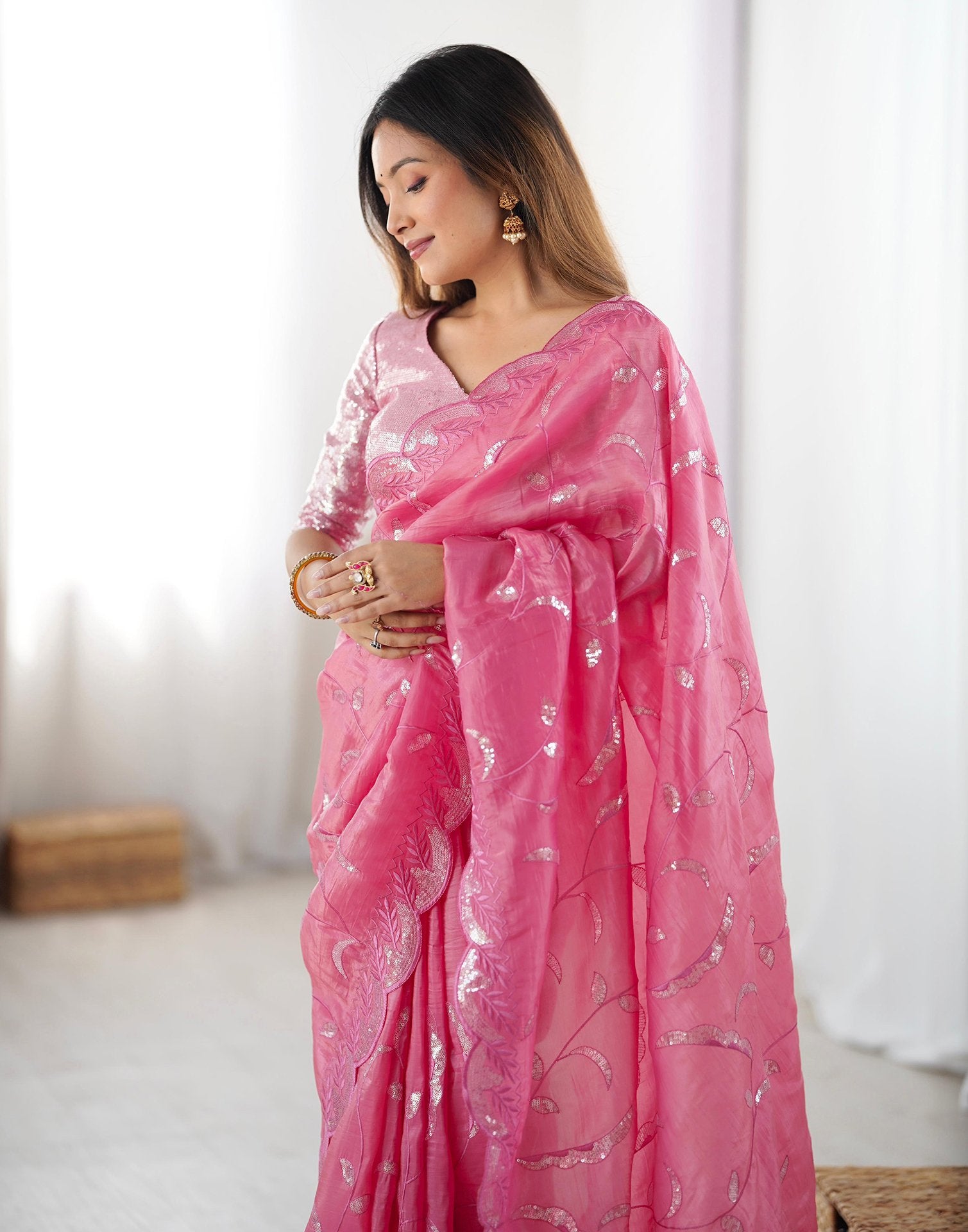 Pink Tissue Silk Sequence Embroidery Saree