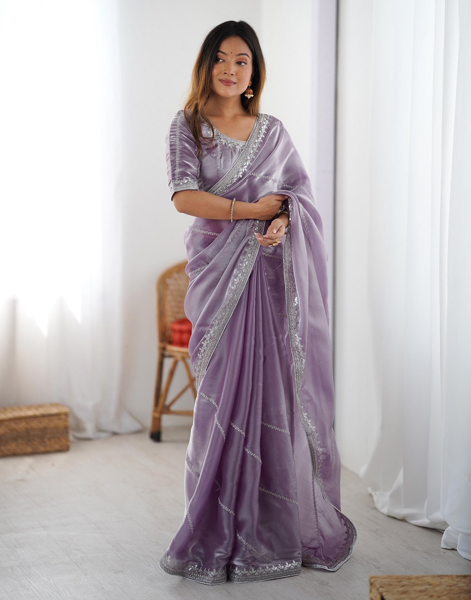 Dusty Light Purple Tissue Silk Sequence Embroidery Saree