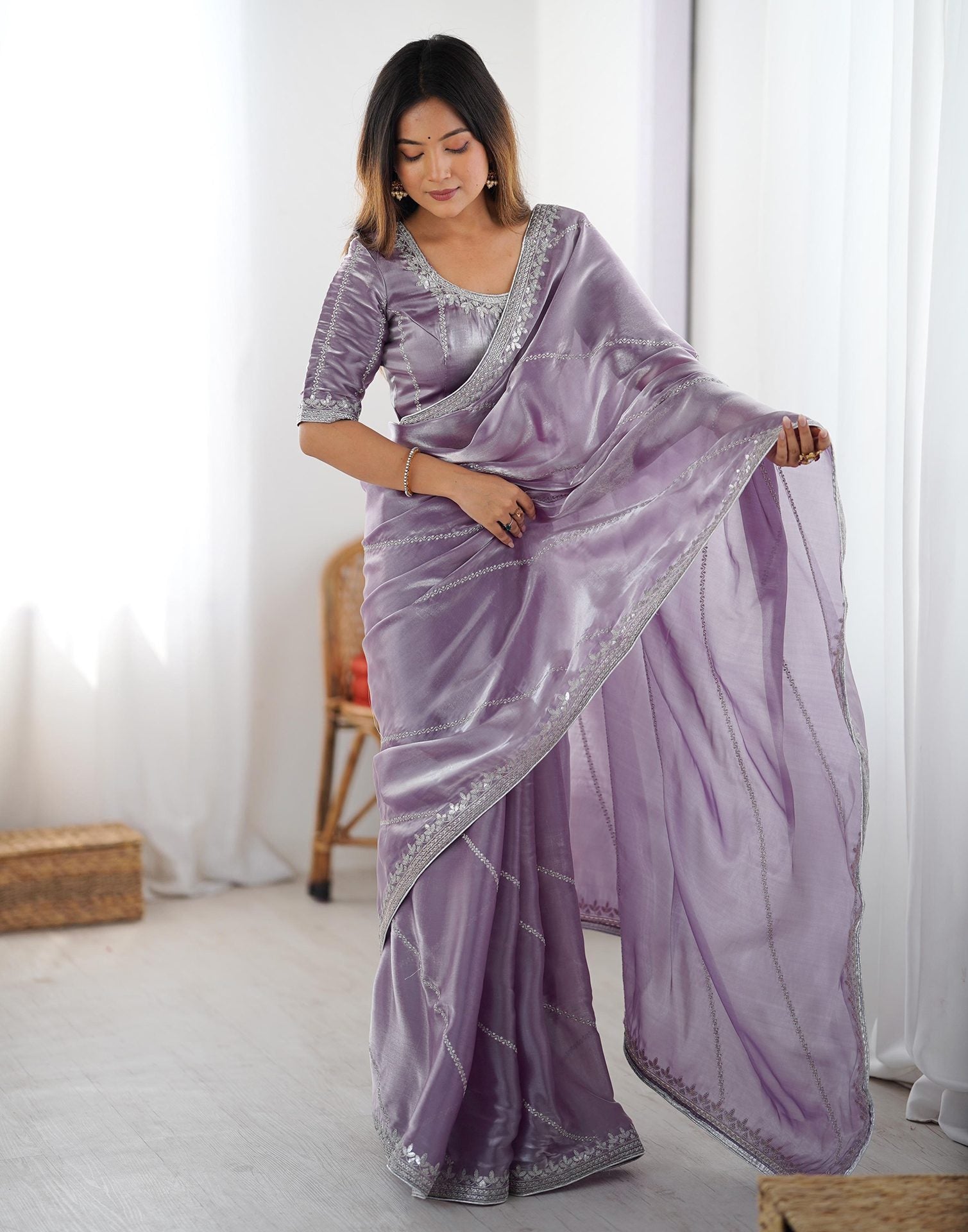 Dusty Light Purple Tissue Silk Sequence Embroidery Saree