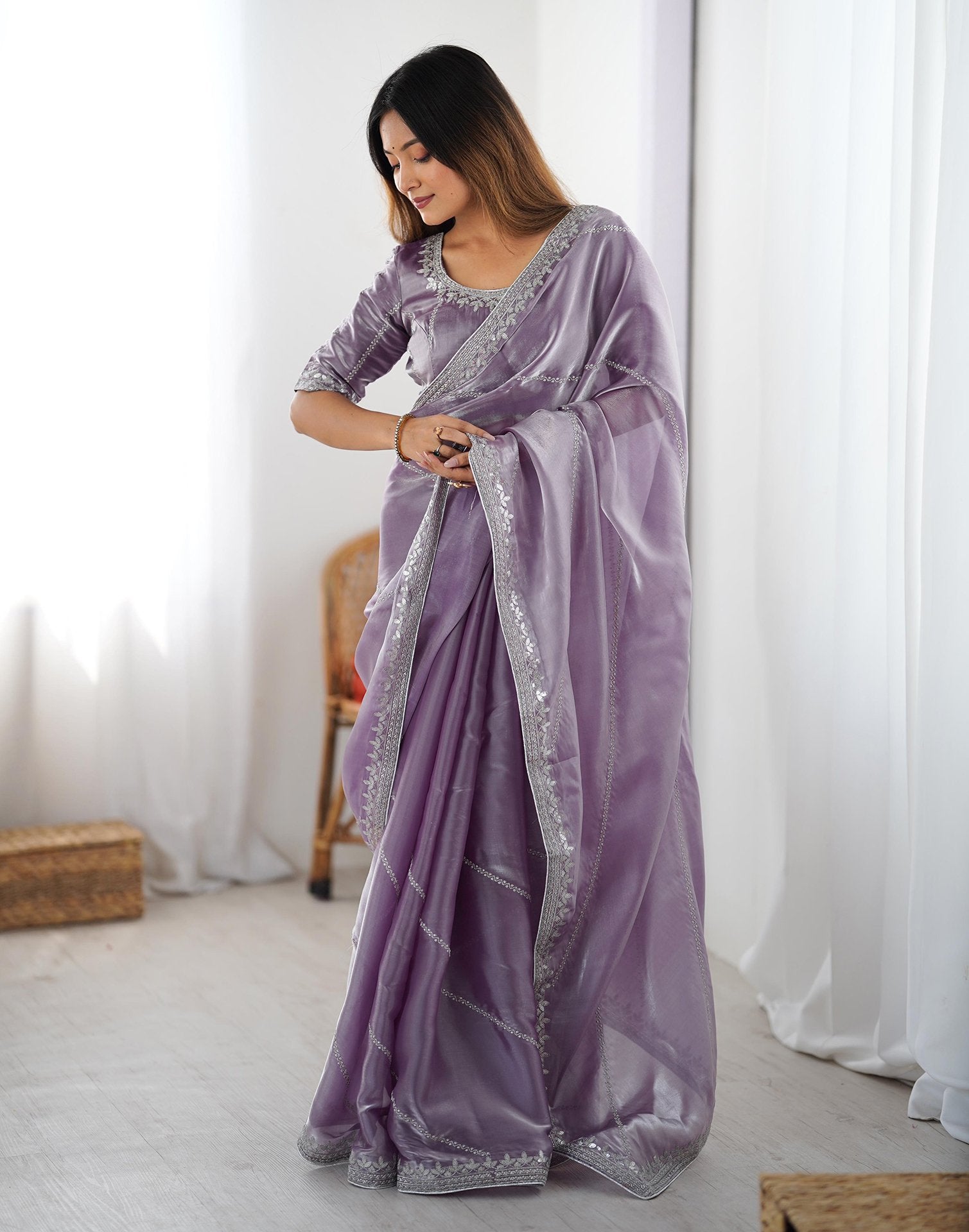 Dusty Light Purple Tissue Silk Sequence Embroidery Saree