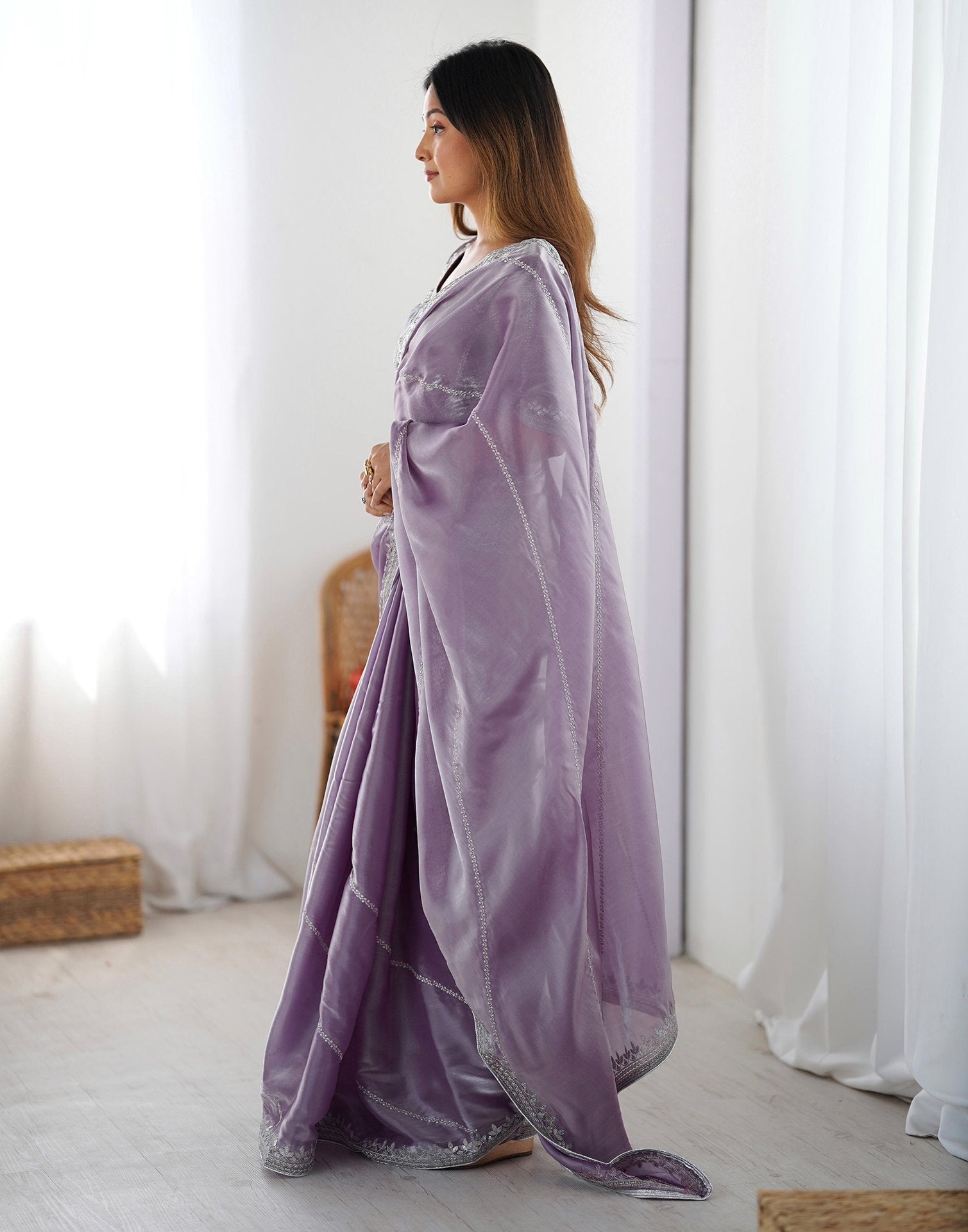 Dusty Light Purple Tissue Silk Sequence Embroidery Saree