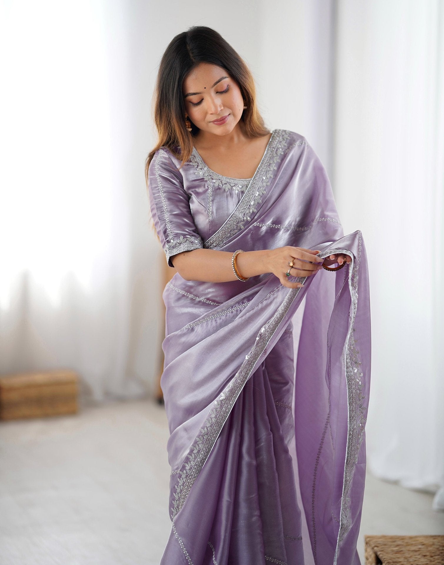 Dusty Light Purple Tissue Silk Sequence Embroidery Saree