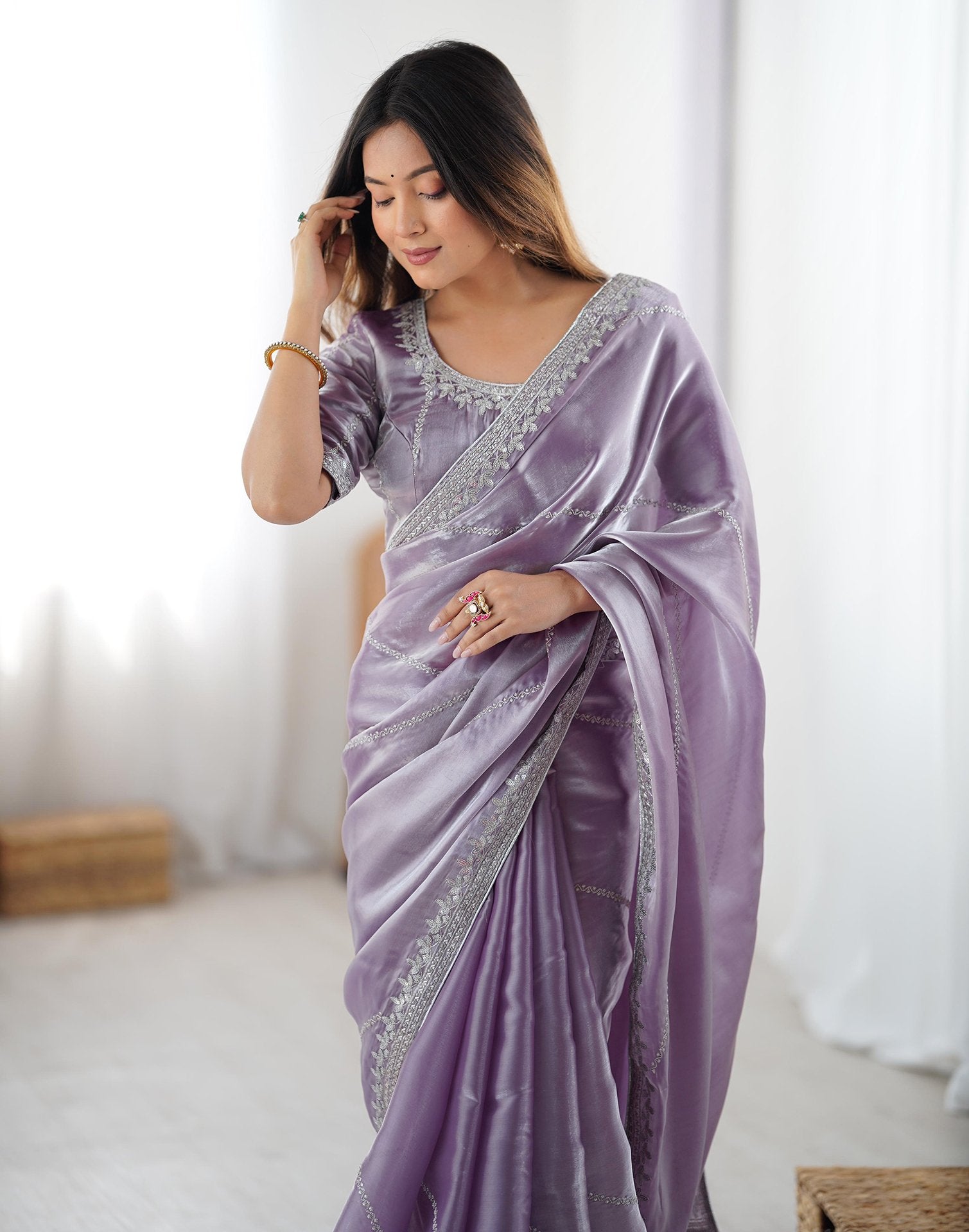 Dusty Light Purple Tissue Silk Sequence Embroidery Saree