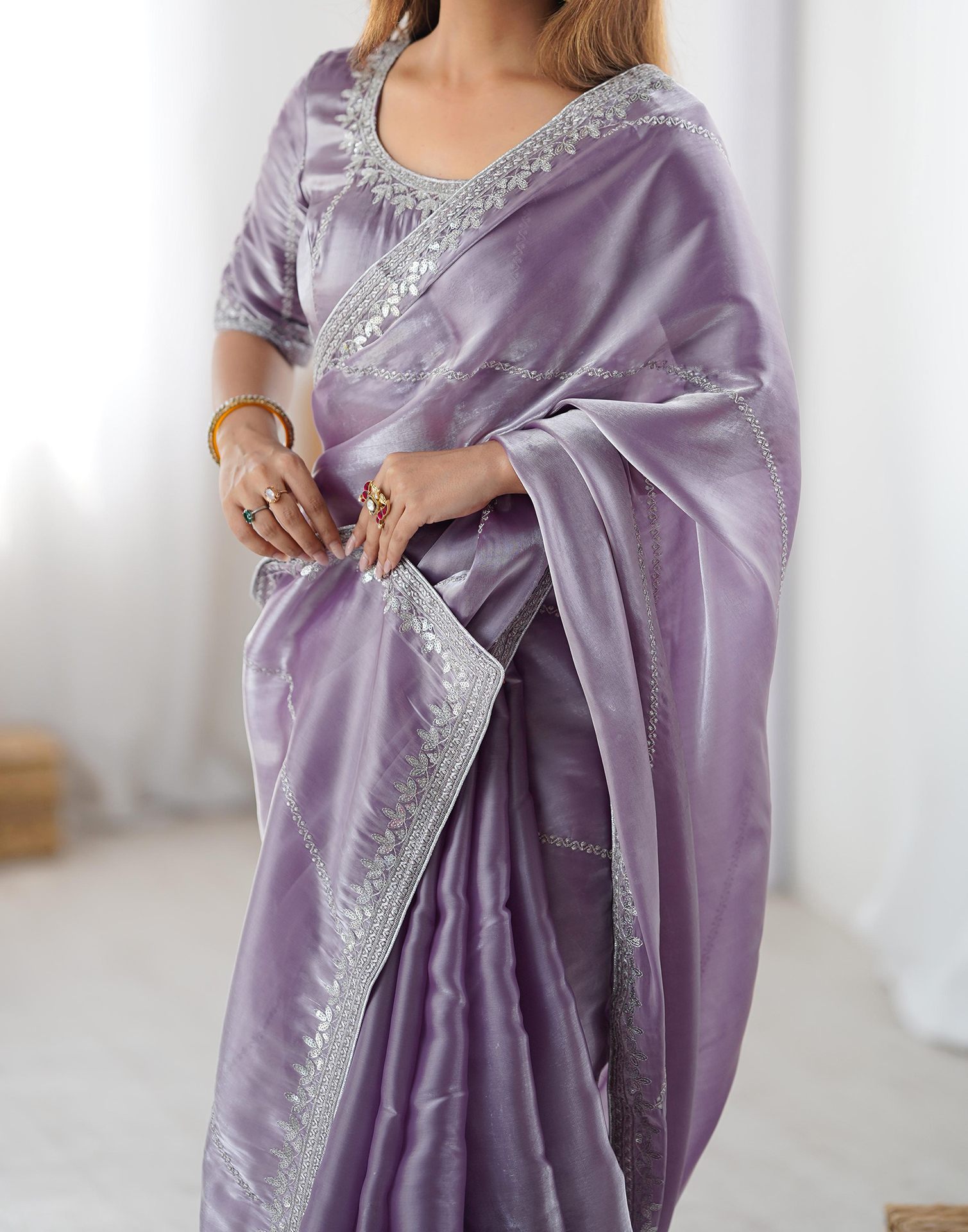 Dusty Light Purple Tissue Silk Sequence Embroidery Saree