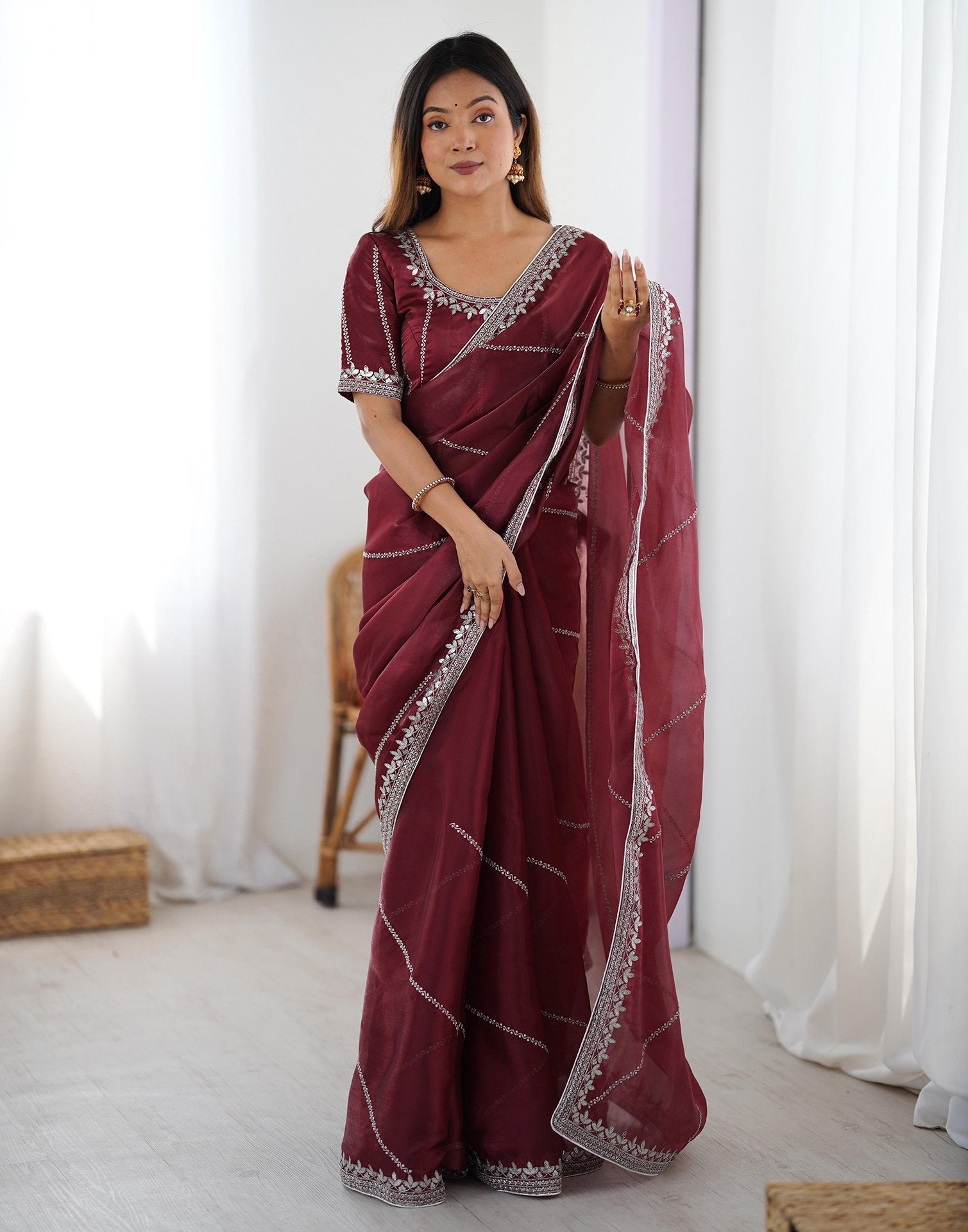 Maroon Tissue Silk Sequence Embroidery Saree